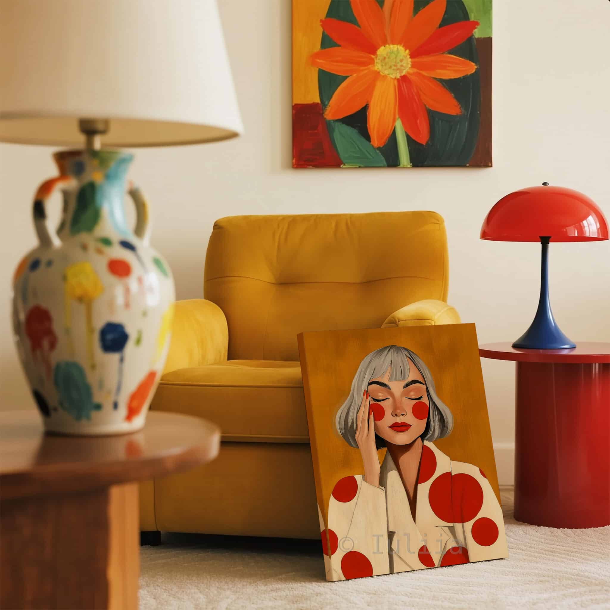 Stylish Woman Art With Polka Dots, Retro Portrait in Ochre and Red, Modern Bedroom Decor - photo #11