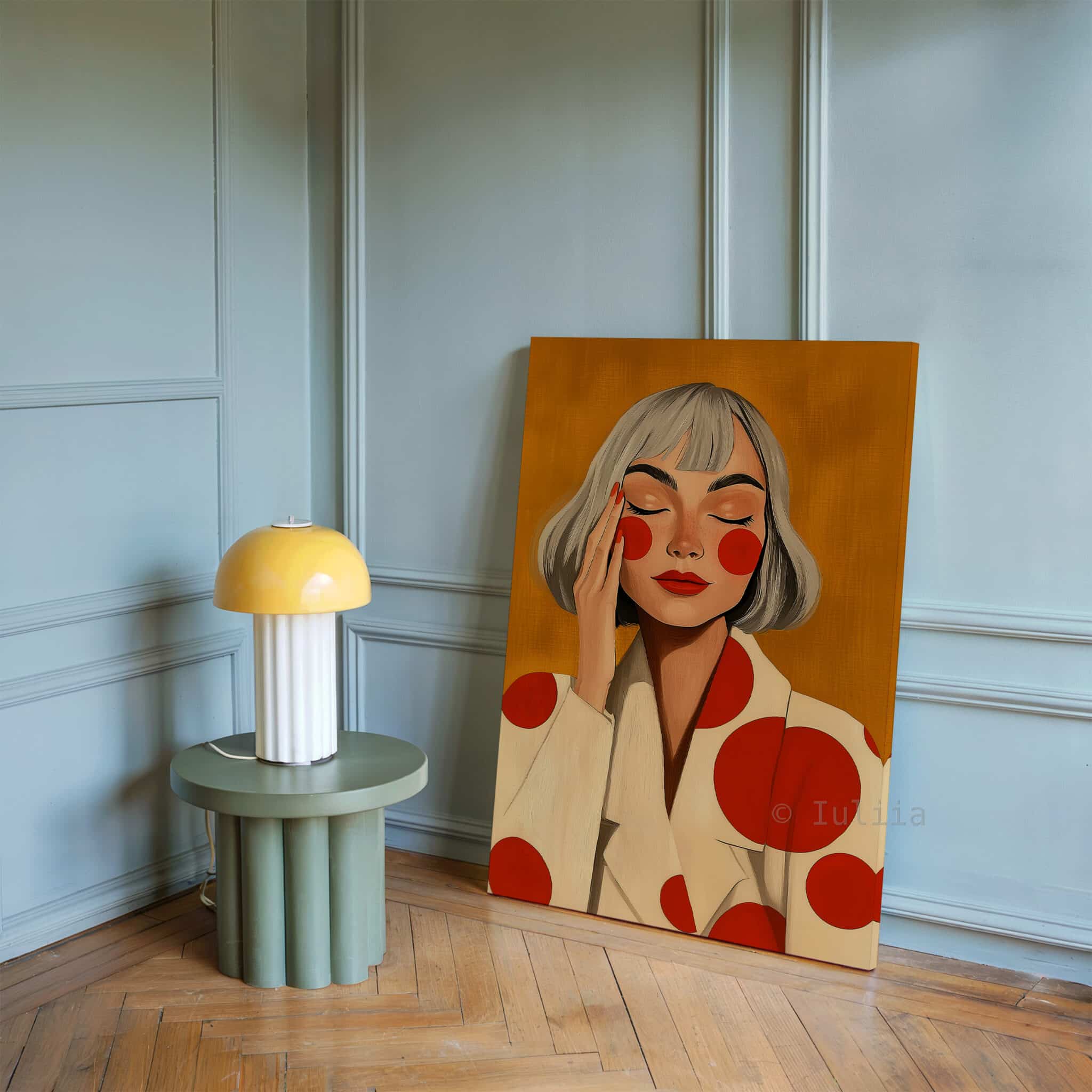 Stylish Woman Art With Polka Dots, Retro Portrait in Ochre and Red, Modern Bedroom Decor - photo #16