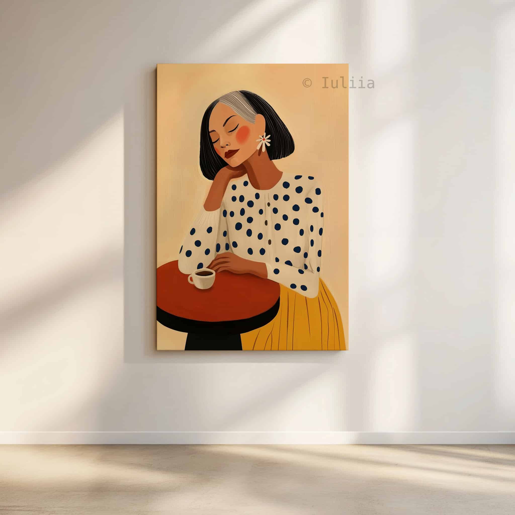 Fashion Illustration, Retro Mature Woman Portrait in Mustard and Polka Dots, Chic Coffee Corner Decor