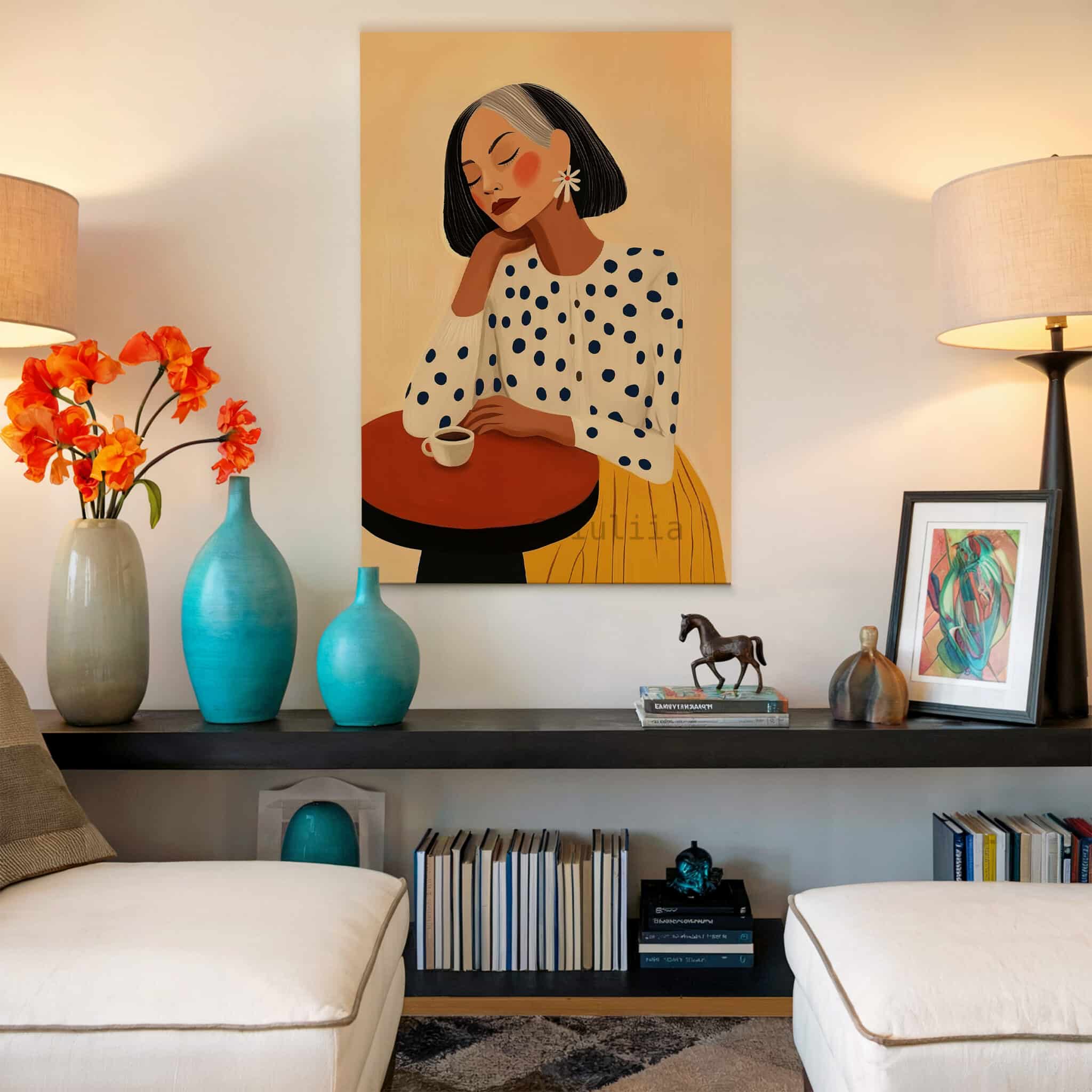 Fashion Illustration, Retro Mature Woman Portrait in Mustard and Polka Dots, Chic Coffee Corner Decor - photo #17