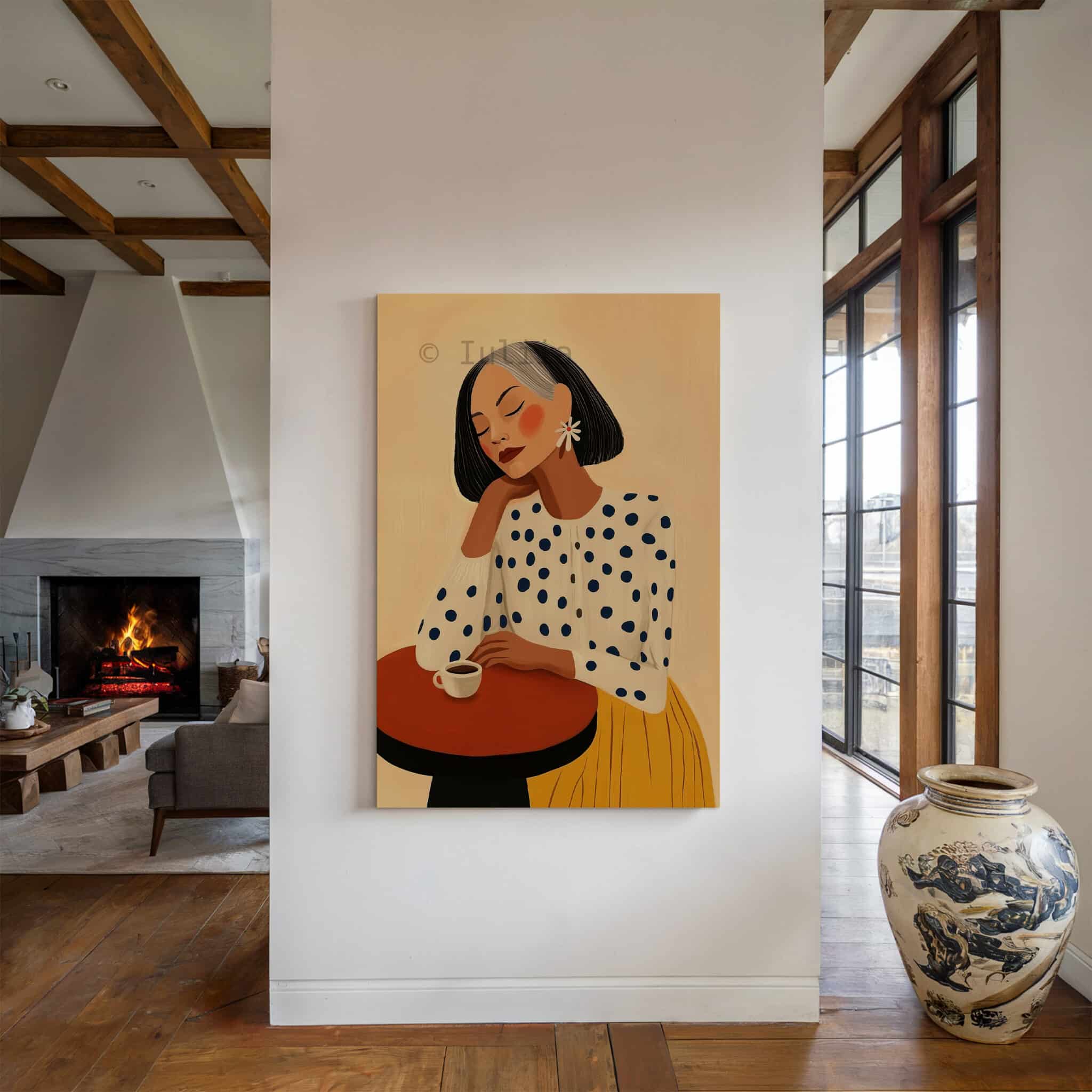 Fashion Illustration, Retro Mature Woman Portrait in Mustard and Polka Dots, Chic Coffee Corner Decor - photo #4