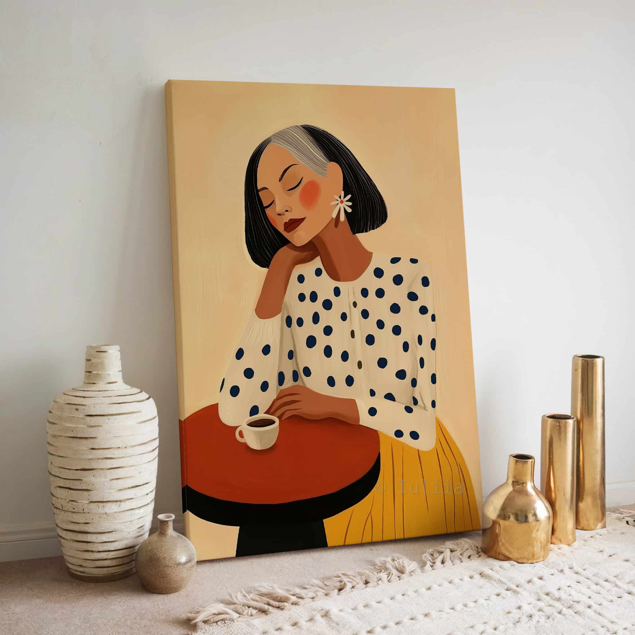 Fashion Illustration, Retro Mature Woman Portrait in Mustard and Polka Dots, Chic Coffee Corner Decor - photo #6