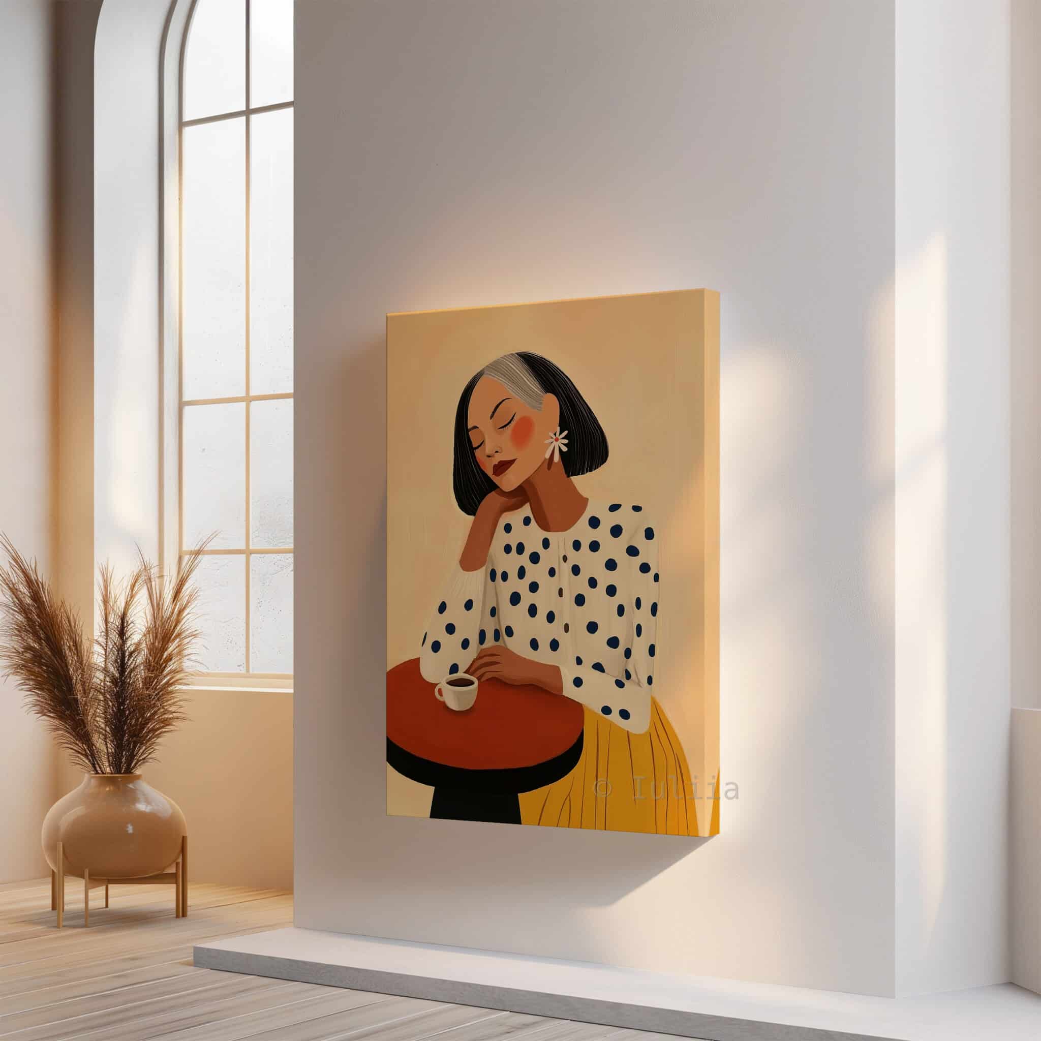 Fashion Illustration, Retro Mature Woman Portrait in Mustard and Polka Dots, Chic Coffee Corner Decor - photo #14