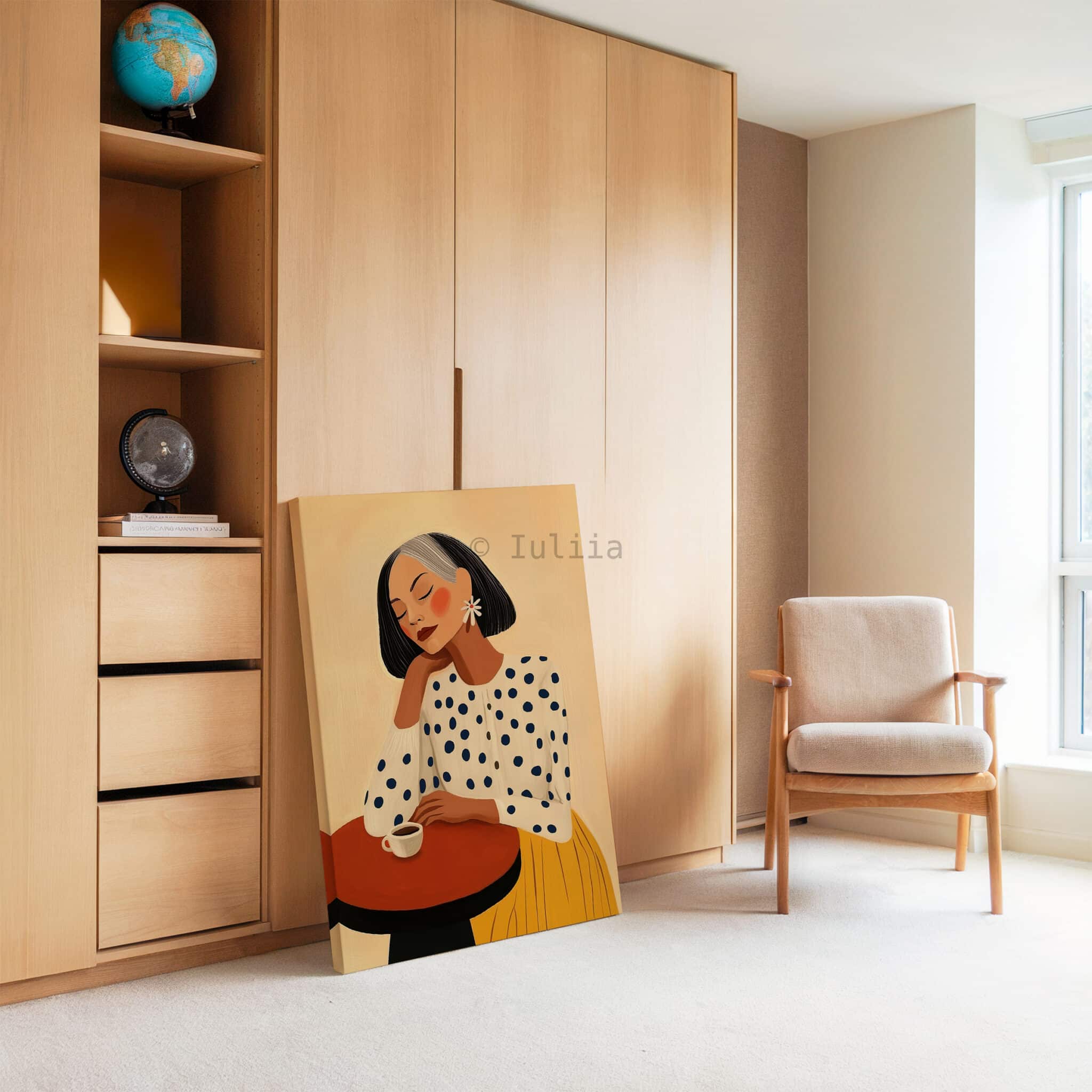 Fashion Illustration, Retro Mature Woman Portrait in Mustard and Polka Dots, Chic Coffee Corner Decor - photo #3