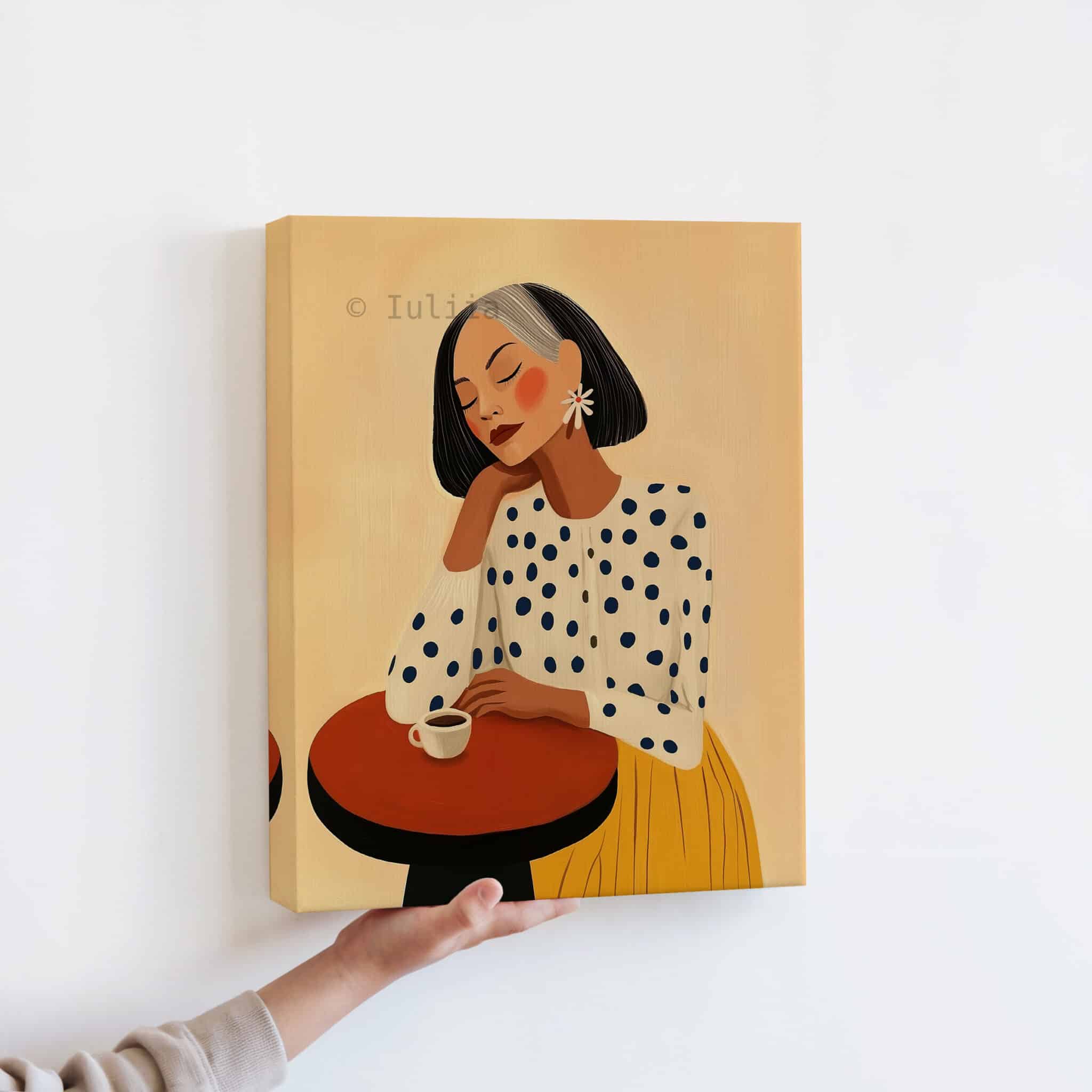 Fashion Illustration, Retro Mature Woman Portrait in Mustard and Polka Dots, Chic Coffee Corner Decor - photo #12
