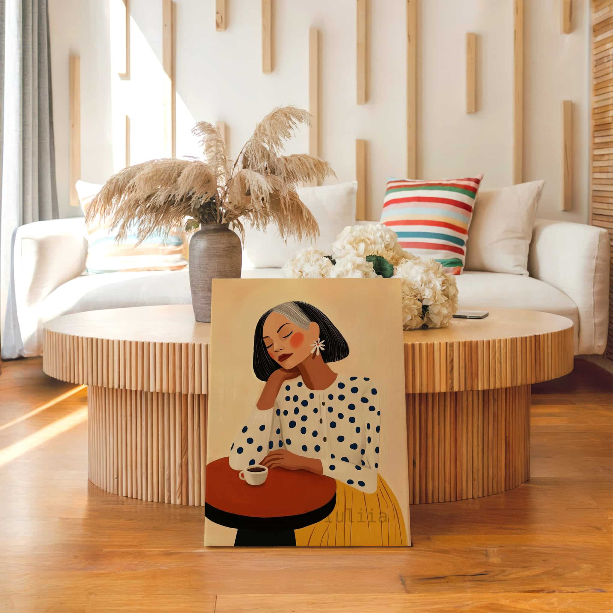 Fashion Illustration, Retro Mature Woman Portrait in Mustard and Polka Dots, Chic Coffee Corner Decor - photo #13