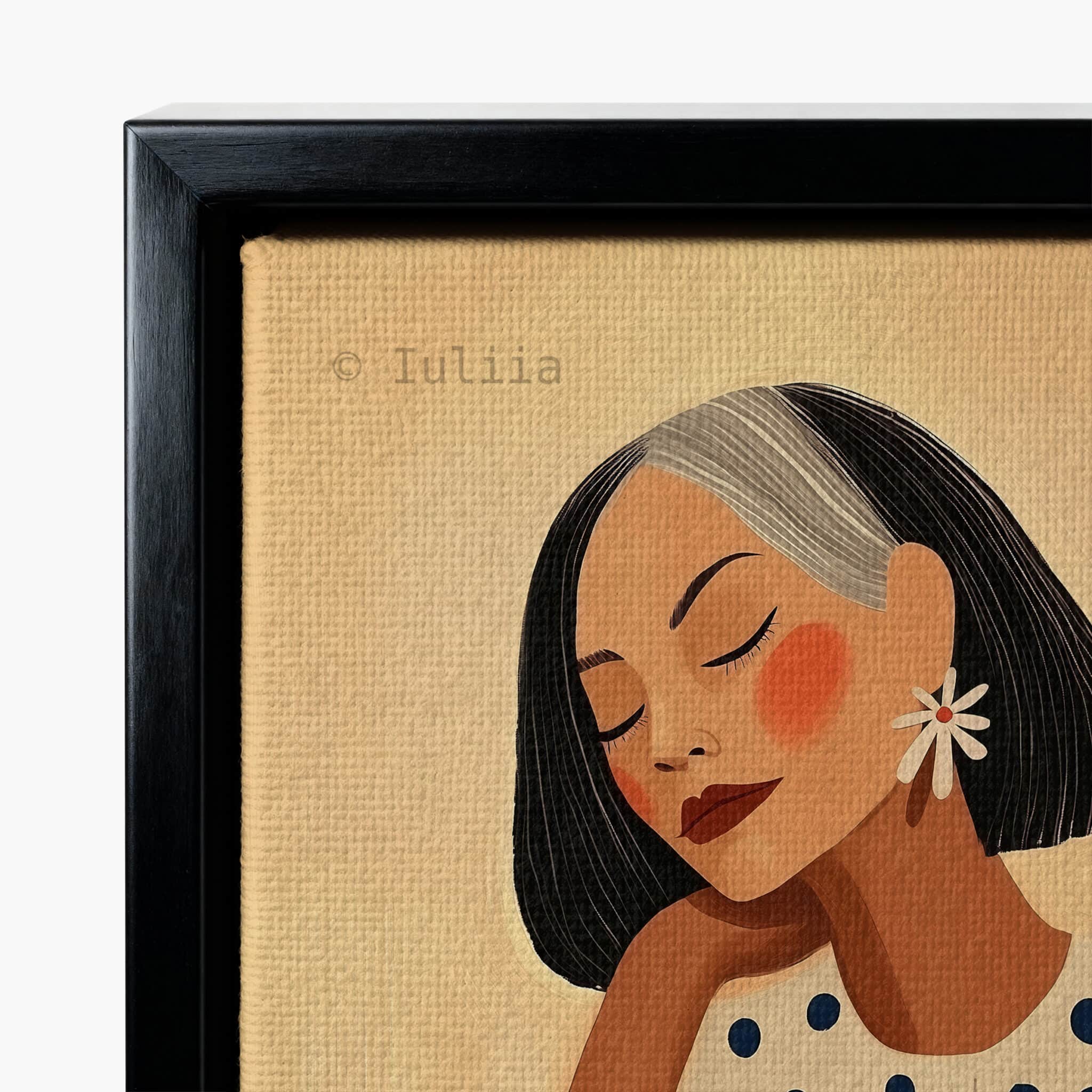 Fashion Illustration, Retro Mature Woman Portrait in Mustard and Polka Dots, Chic Coffee Corner Decor - photo #9