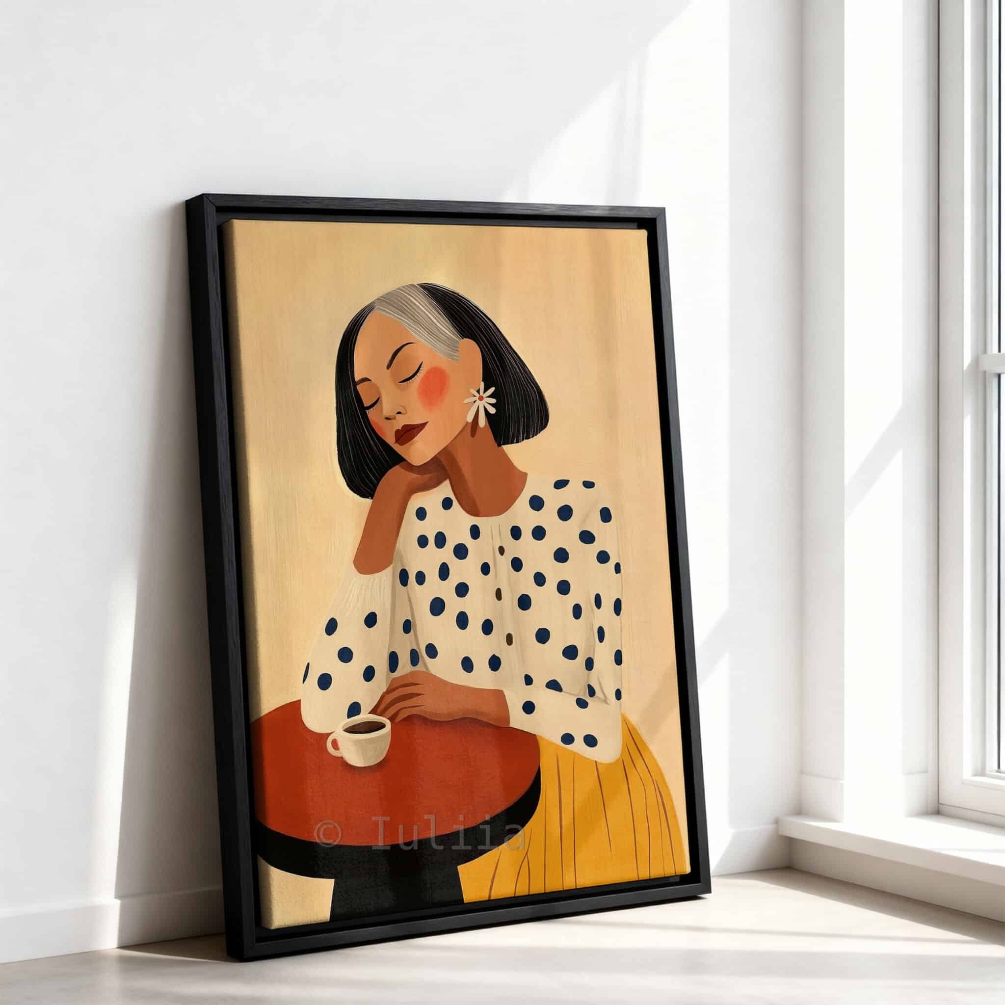 Fashion Illustration, Retro Mature Woman Portrait in Mustard and Polka Dots, Chic Coffee Corner Decor - photo #10