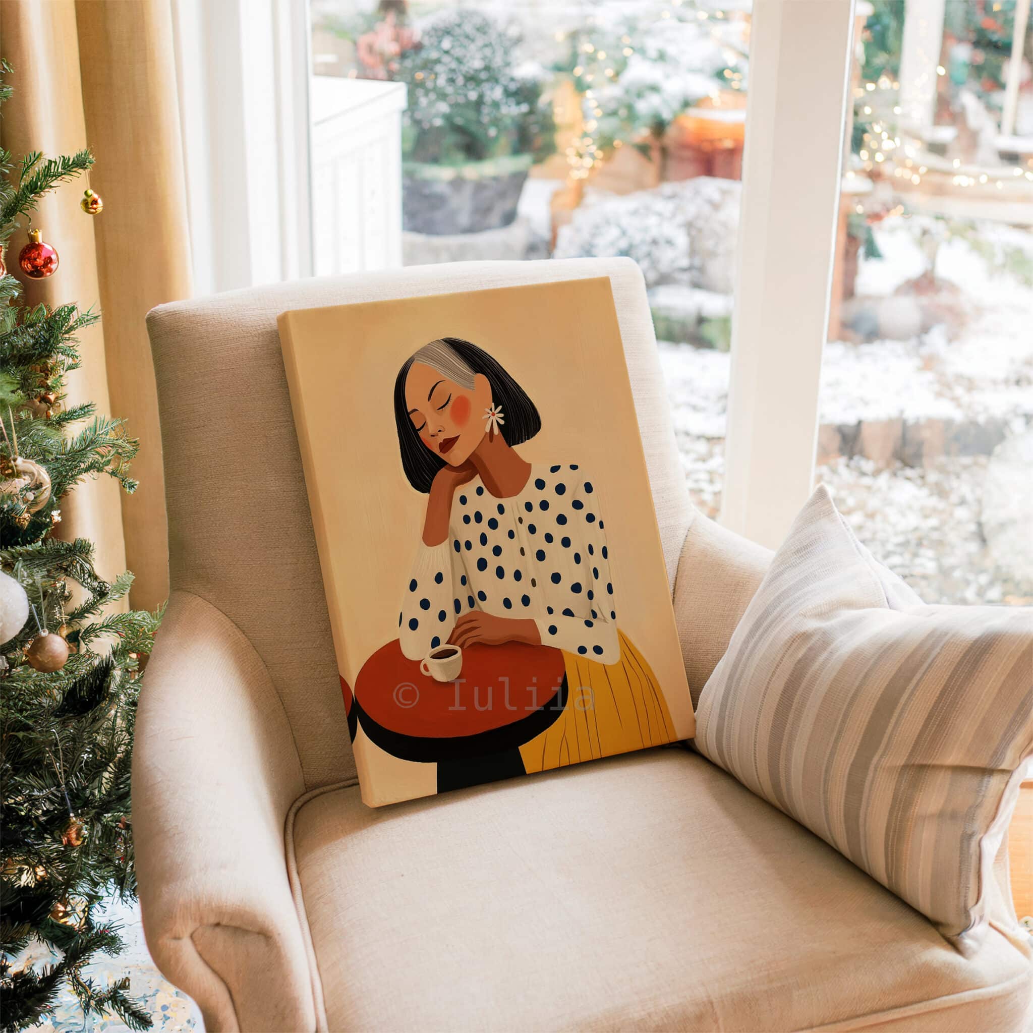 Fashion Illustration, Retro Mature Woman Portrait in Mustard and Polka Dots, Chic Coffee Corner Decor - photo #15