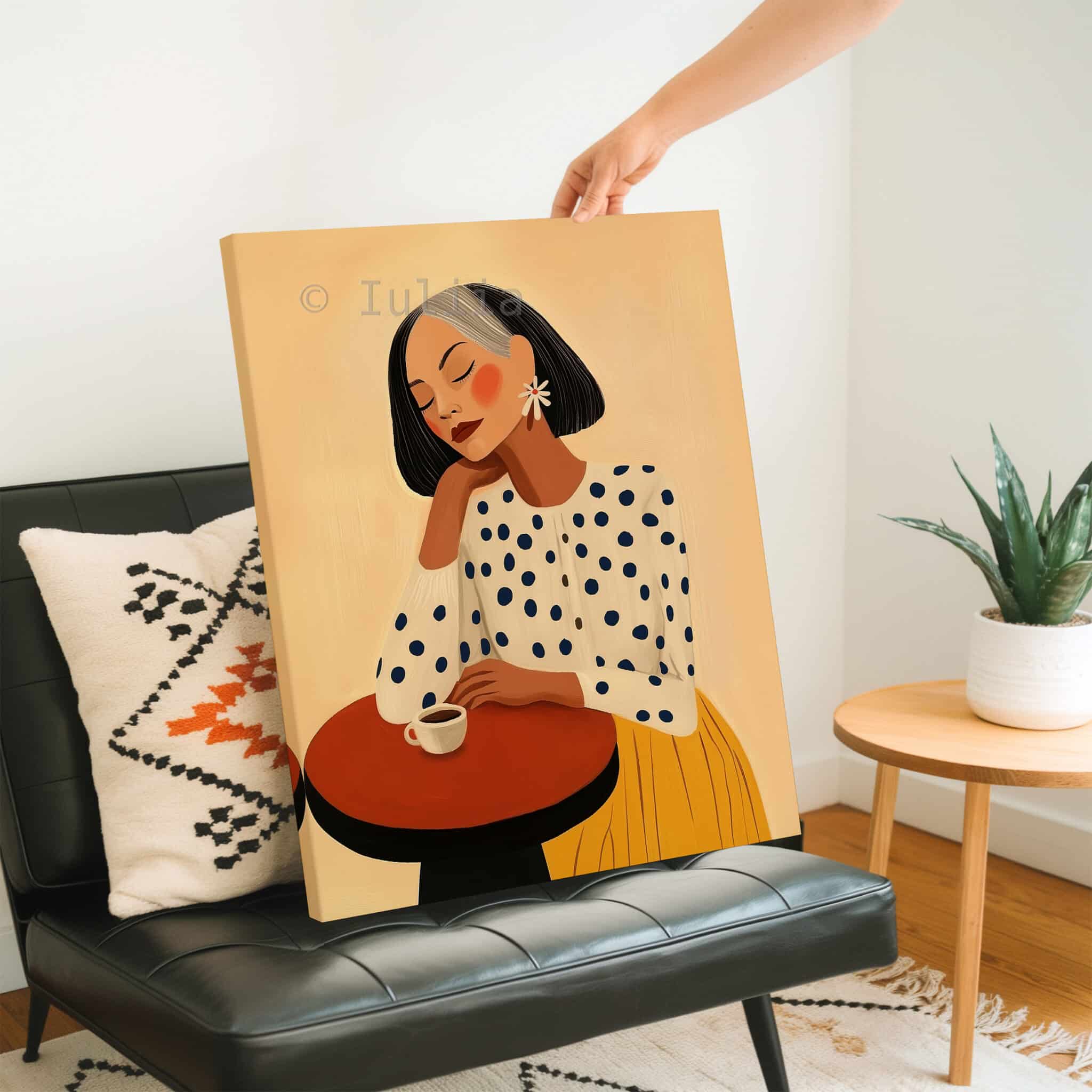 Fashion Illustration, Retro Mature Woman Portrait in Mustard and Polka Dots, Chic Coffee Corner Decor - photo #2
