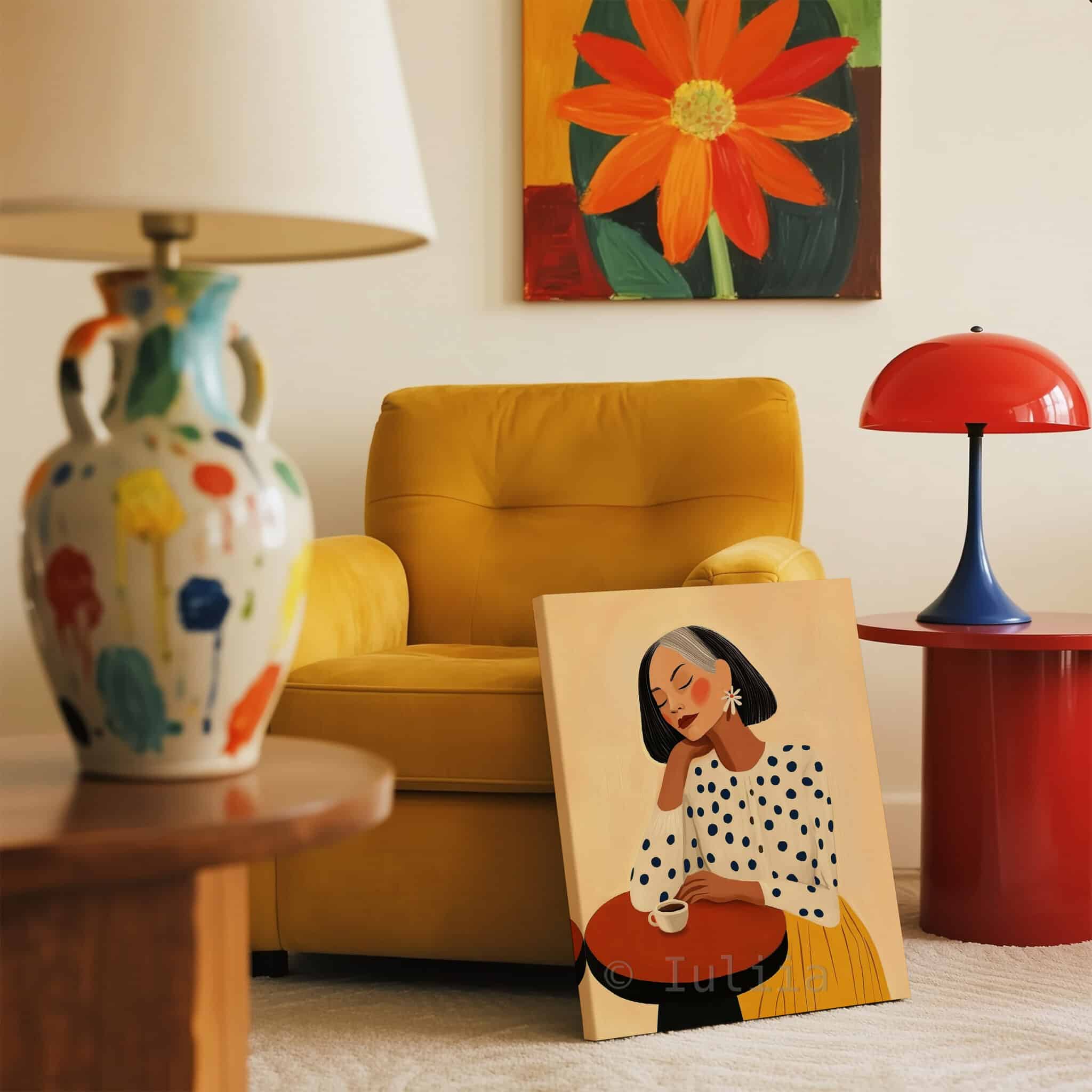 Fashion Illustration, Retro Mature Woman Portrait in Mustard and Polka Dots, Chic Coffee Corner Decor - photo #11