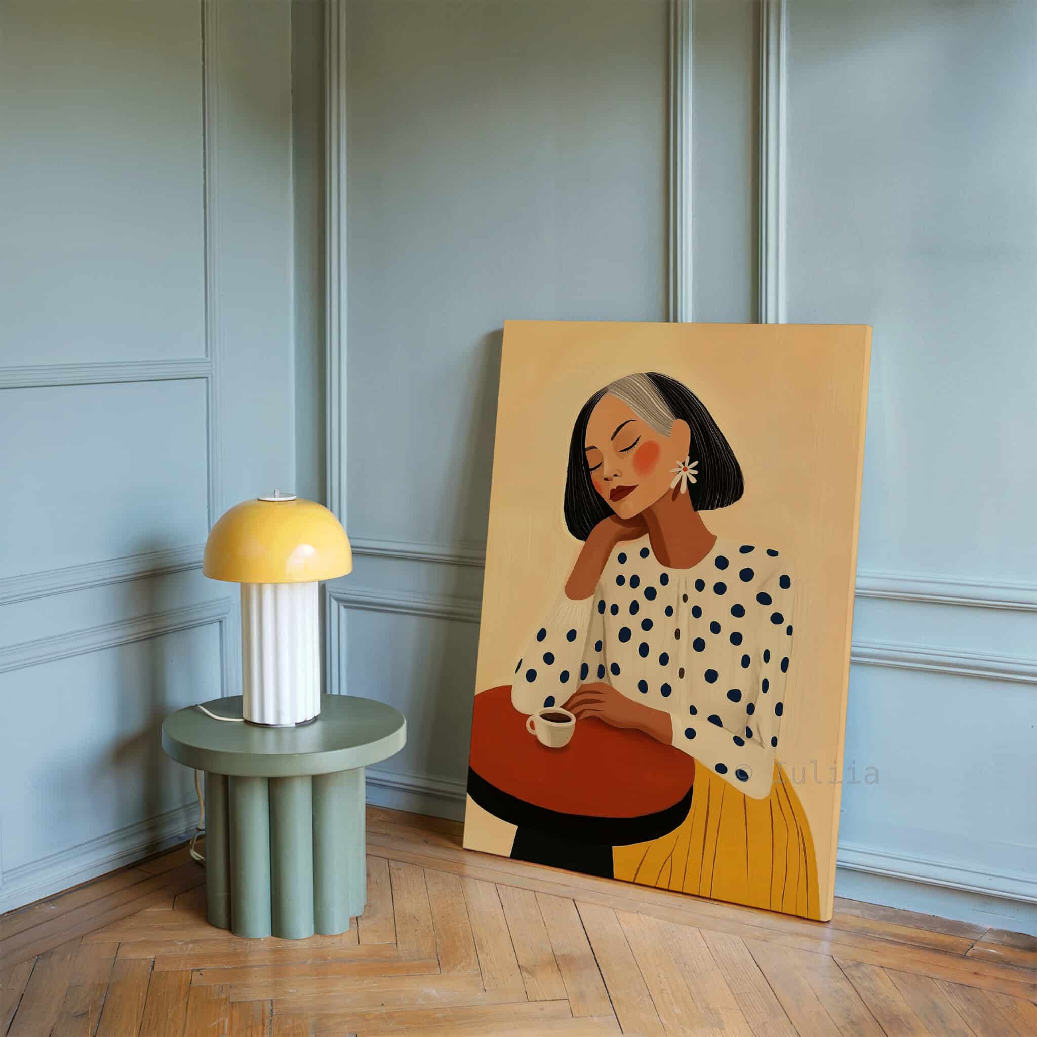 Fashion Illustration, Retro Mature Woman Portrait in Mustard and Polka Dots, Chic Coffee Corner Decor - photo #16