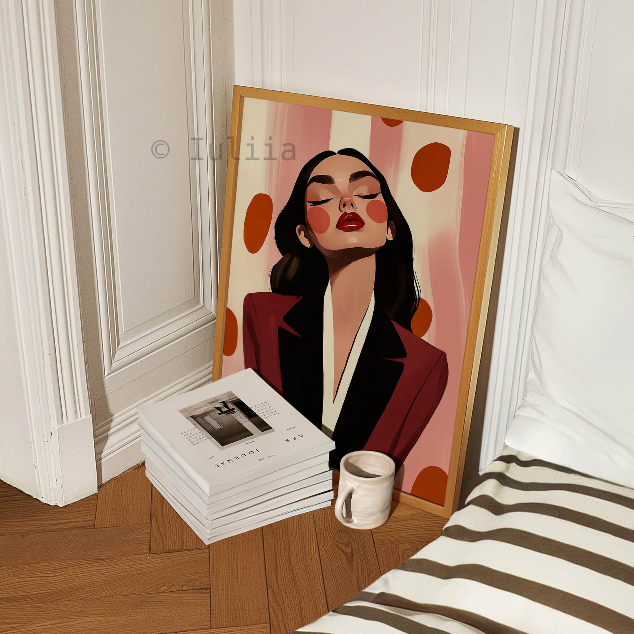 Woman Portrait Art Print, Elegant Fashion Illustration in Burgundy, Editorial Decor for Bedroom or Vanity Room - photo #4