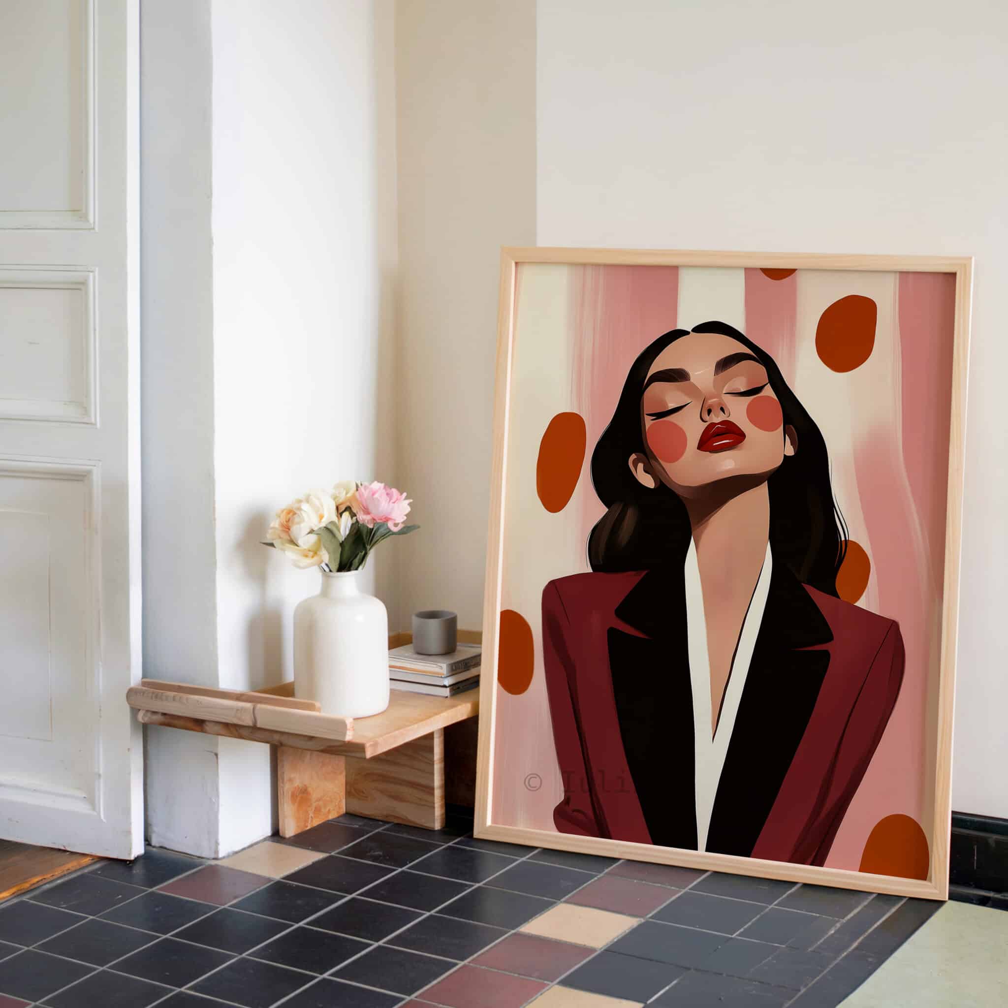 Woman Portrait Art Print, Elegant Fashion Illustration in Burgundy, Editorial Decor for Bedroom or Vanity Room - photo #2