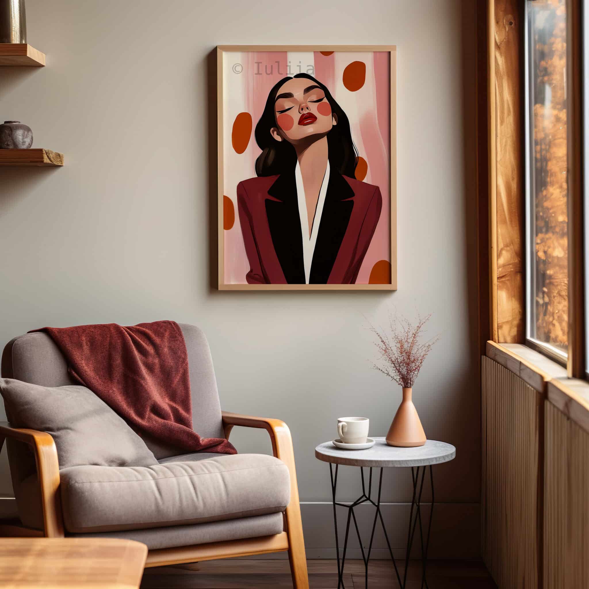Woman Portrait Art Print, Elegant Fashion Illustration in Burgundy, Editorial Decor for Bedroom or Vanity Room - photo #6