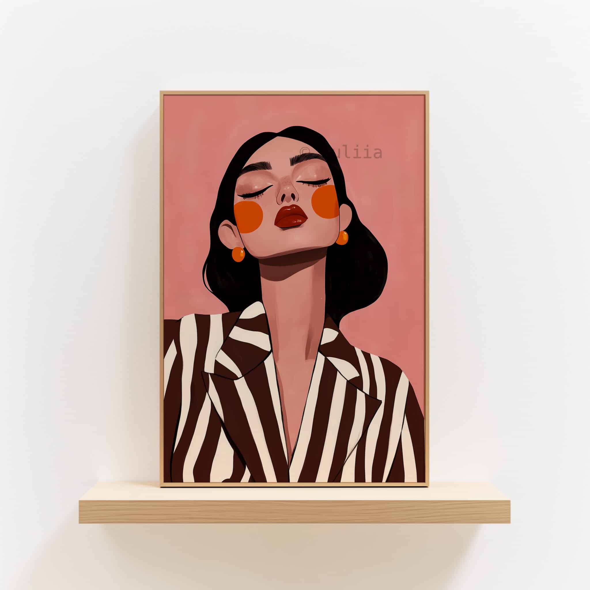 Stylish Woman Art Print, Chic Portrait in Striped Blazer, Blush Feminine Decor for Bedroom or Vanity