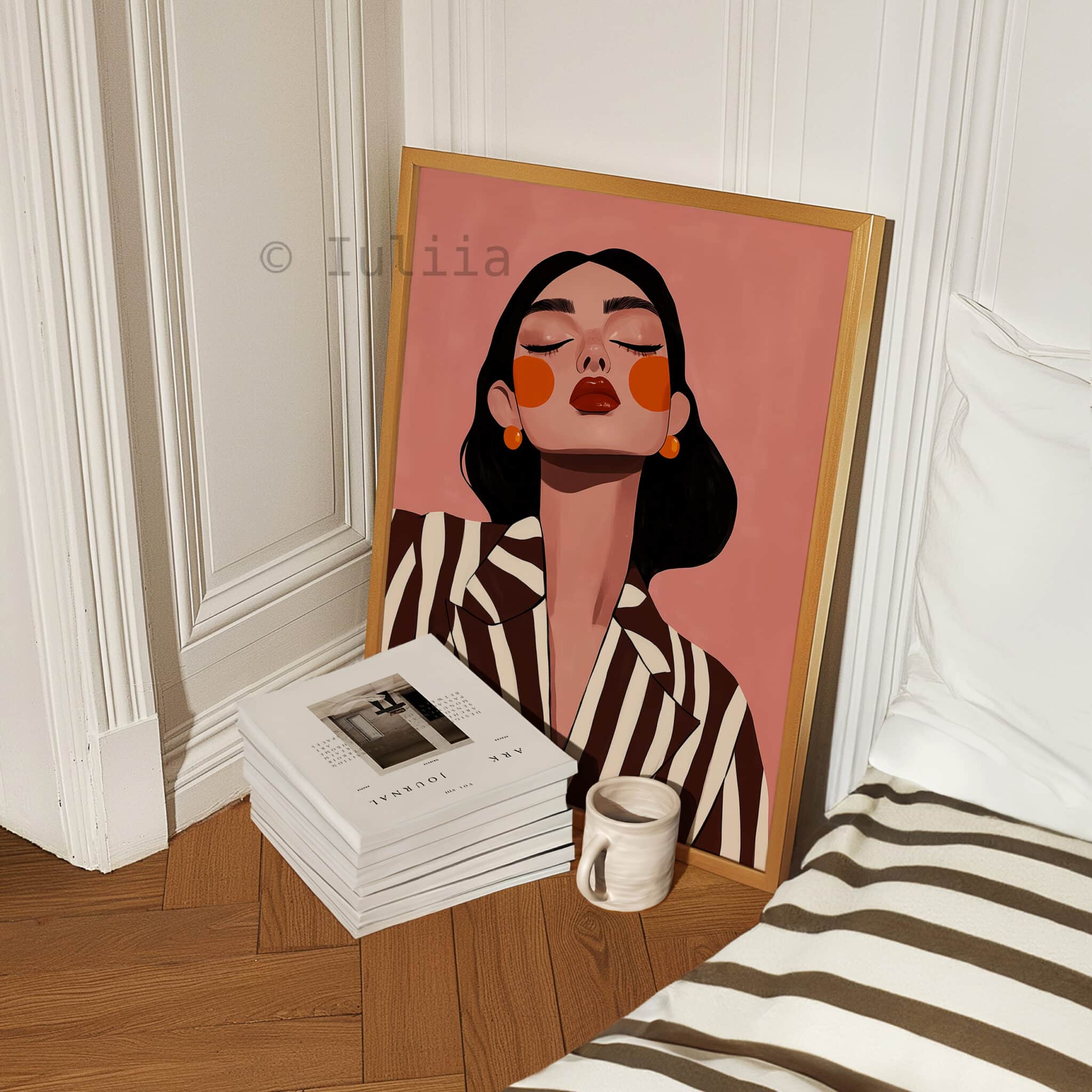 Stylish Woman Art Print, Chic Portrait in Striped Blazer, Blush Feminine Decor for Bedroom or Vanity - photo #4