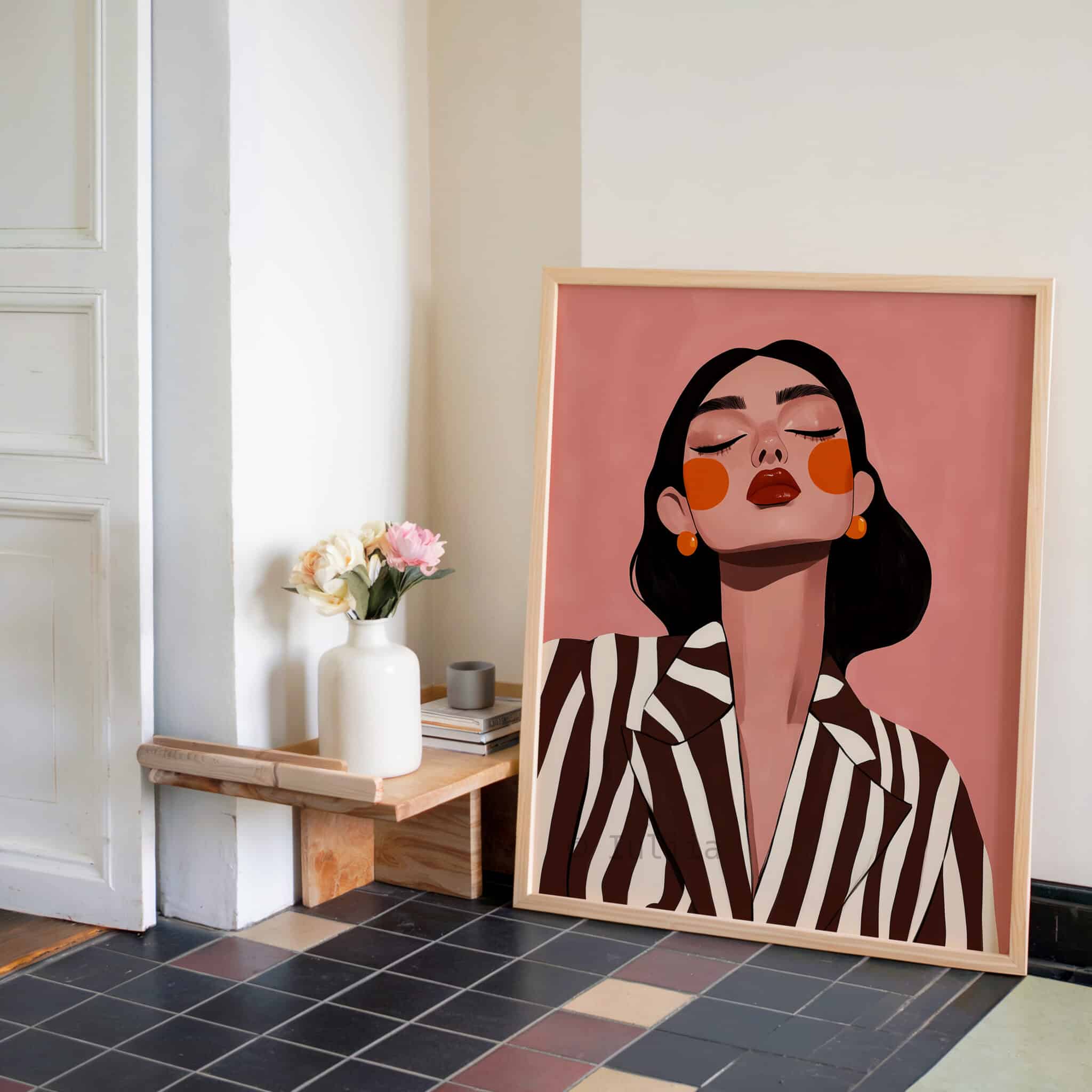 Stylish Woman Art Print, Chic Portrait in Striped Blazer, Blush Feminine Decor for Bedroom or Vanity - photo #2