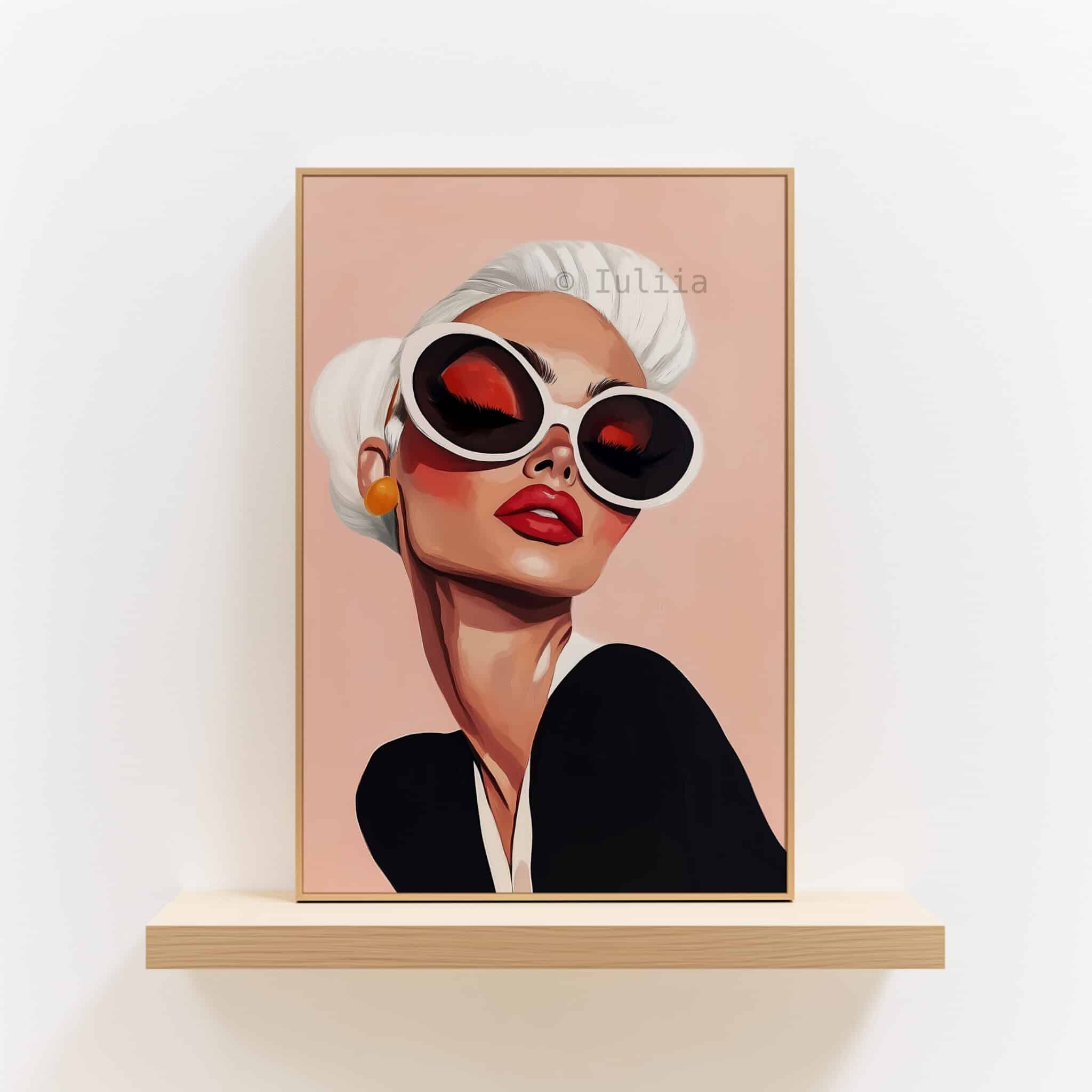 Glam Wall Art Print, Chic Woman Portrait with Oversized Sunglasses, Modern Blush Decor for Bedroom or Vanity