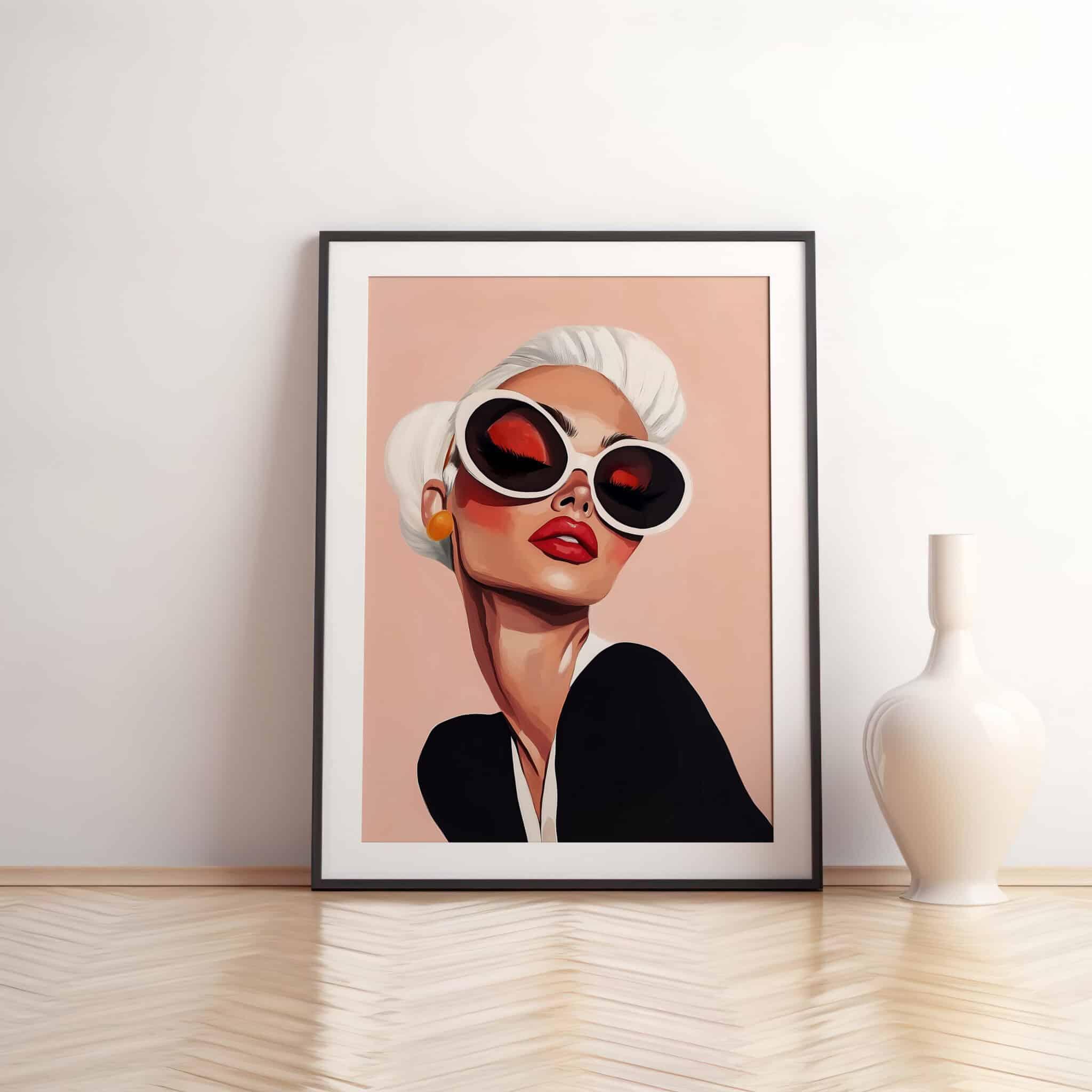 Glam Wall Art Print, Chic Woman Portrait with Oversized Sunglasses, Modern Blush Decor for Bedroom or Vanity - photo #10