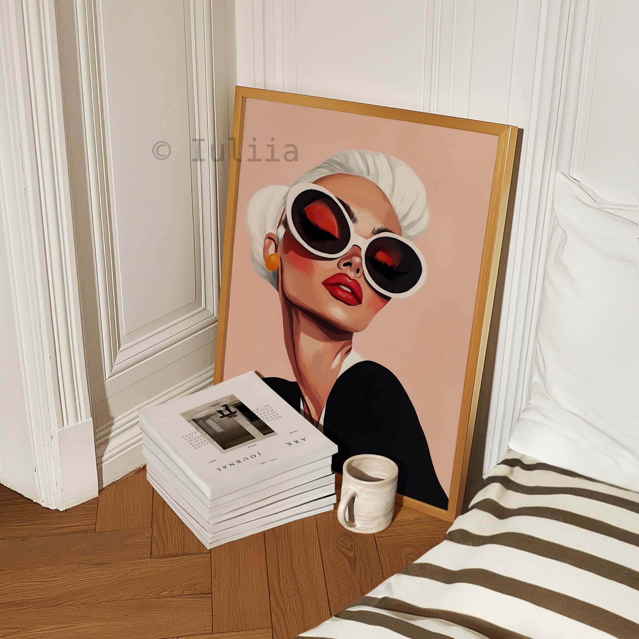 Glam Wall Art Print, Chic Woman Portrait with Oversized Sunglasses, Modern Blush Decor for Bedroom or Vanity - photo #4