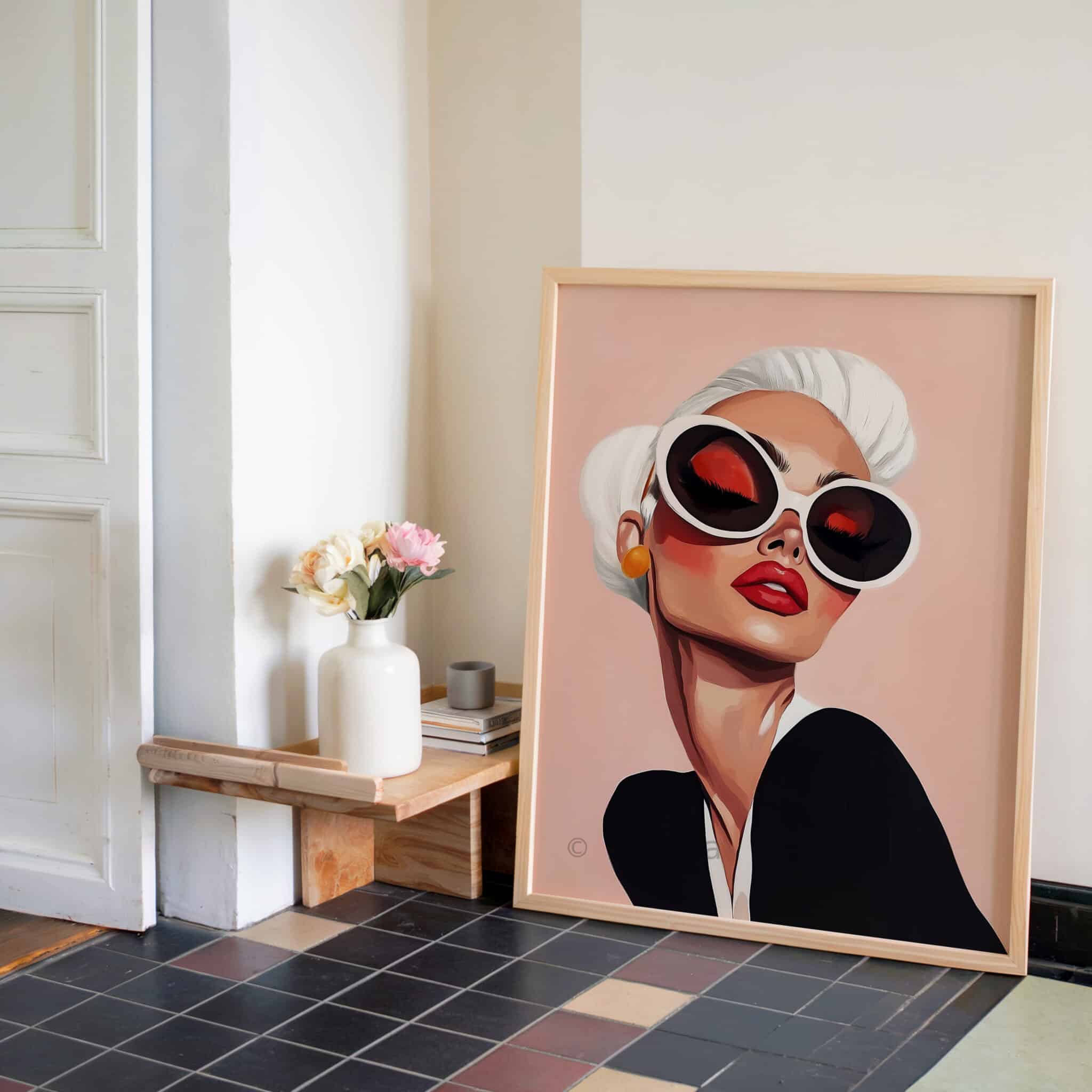Glam Wall Art Print, Chic Woman Portrait with Oversized Sunglasses, Modern Blush Decor for Bedroom or Vanity - photo #2