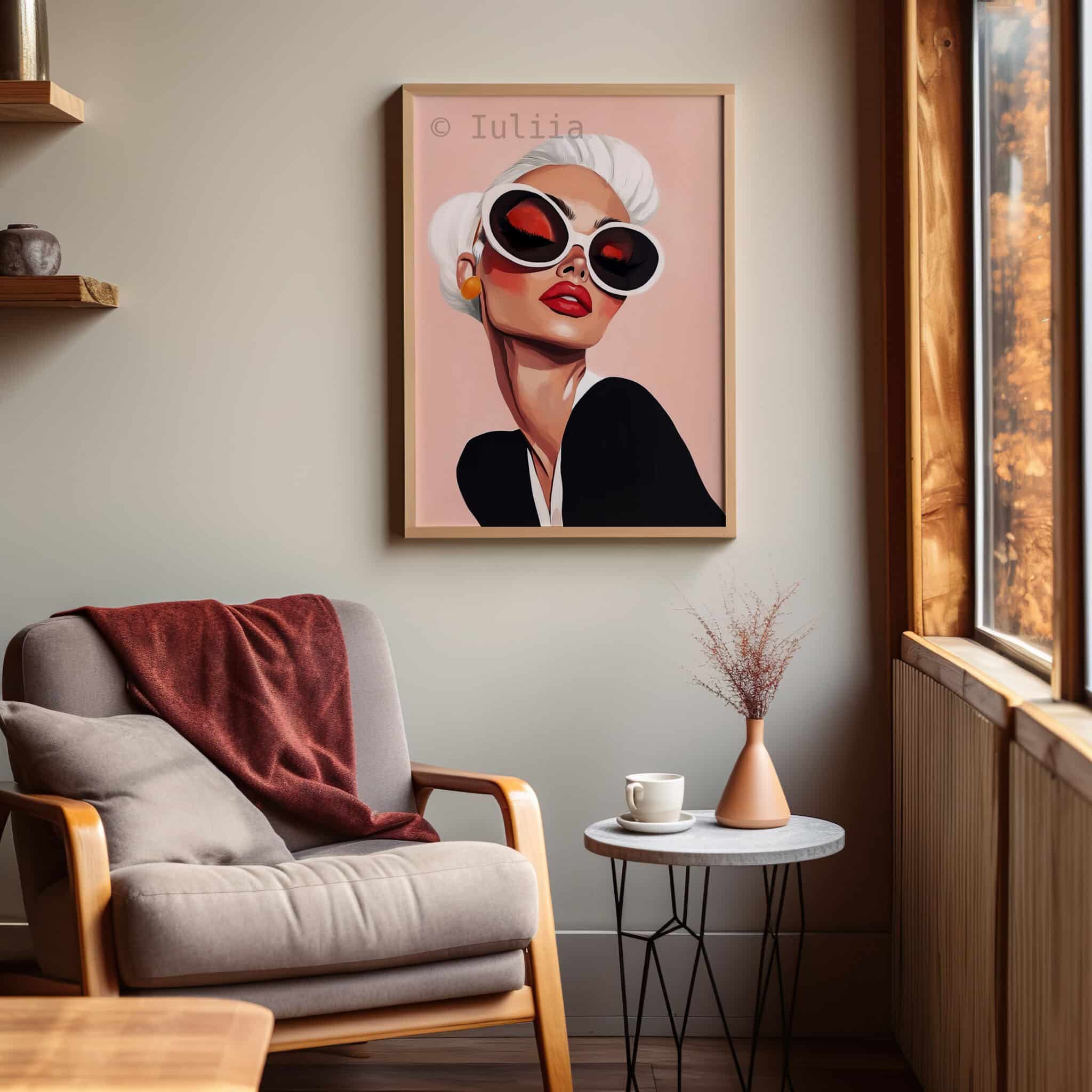 Glam Wall Art Print, Chic Woman Portrait with Oversized Sunglasses, Modern Blush Decor for Bedroom or Vanity - photo #6