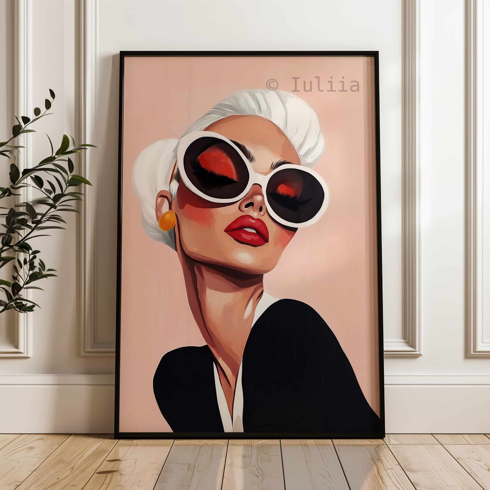 Glam Wall Art Print, Chic Woman Portrait with Oversized Sunglasses, Modern Blush Decor for Bedroom or Vanity - photo #3