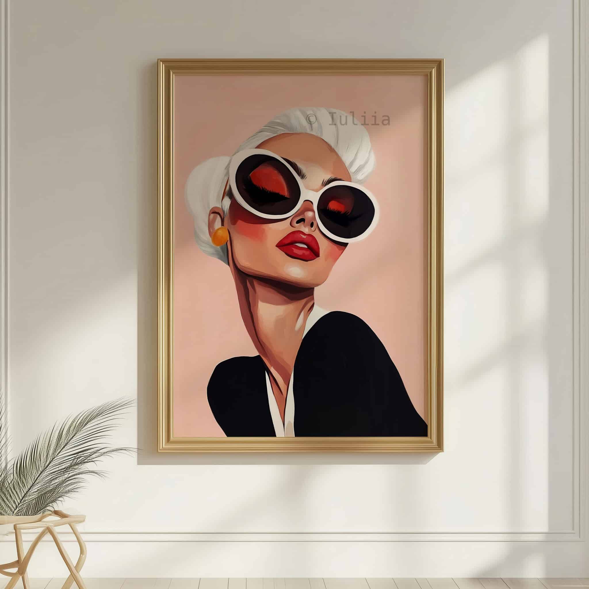 Glam Wall Art Print, Chic Woman Portrait with Oversized Sunglasses, Modern Blush Decor for Bedroom or Vanity - photo #7