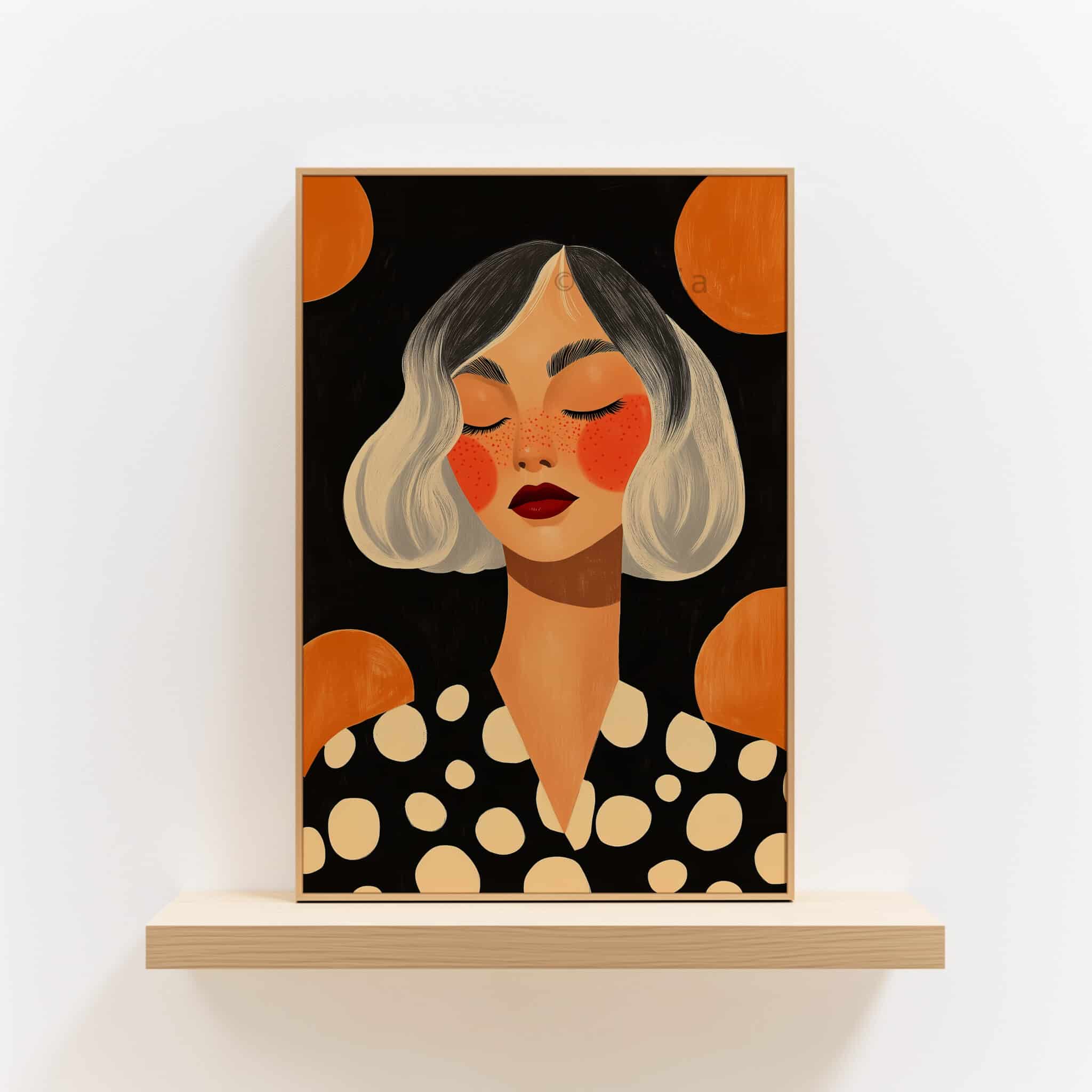 Modern Portrait Art, Freckled Woman, Black Orange Polka Dot Illustration, Premium Matte Print