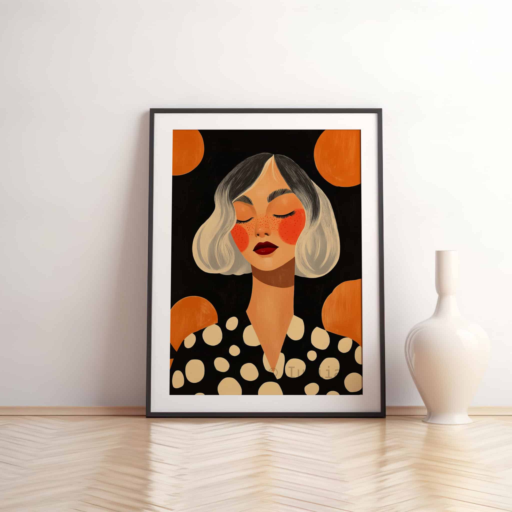 Modern Portrait Art, Freckled Woman, Black Orange Polka Dot Illustration, Premium Matte Print - photo #10