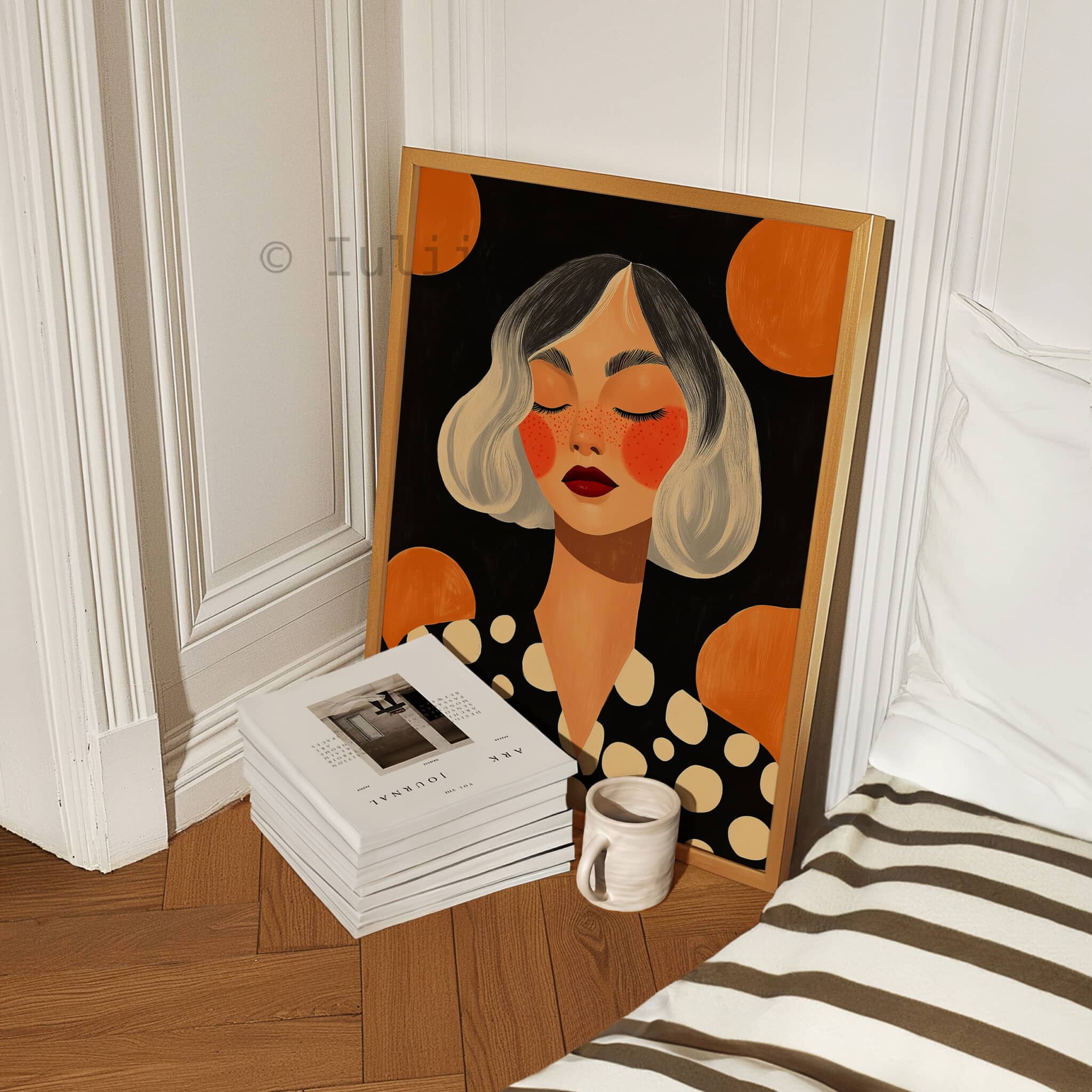 Modern Portrait Art, Freckled Woman, Black Orange Polka Dot Illustration, Premium Matte Print - photo #4