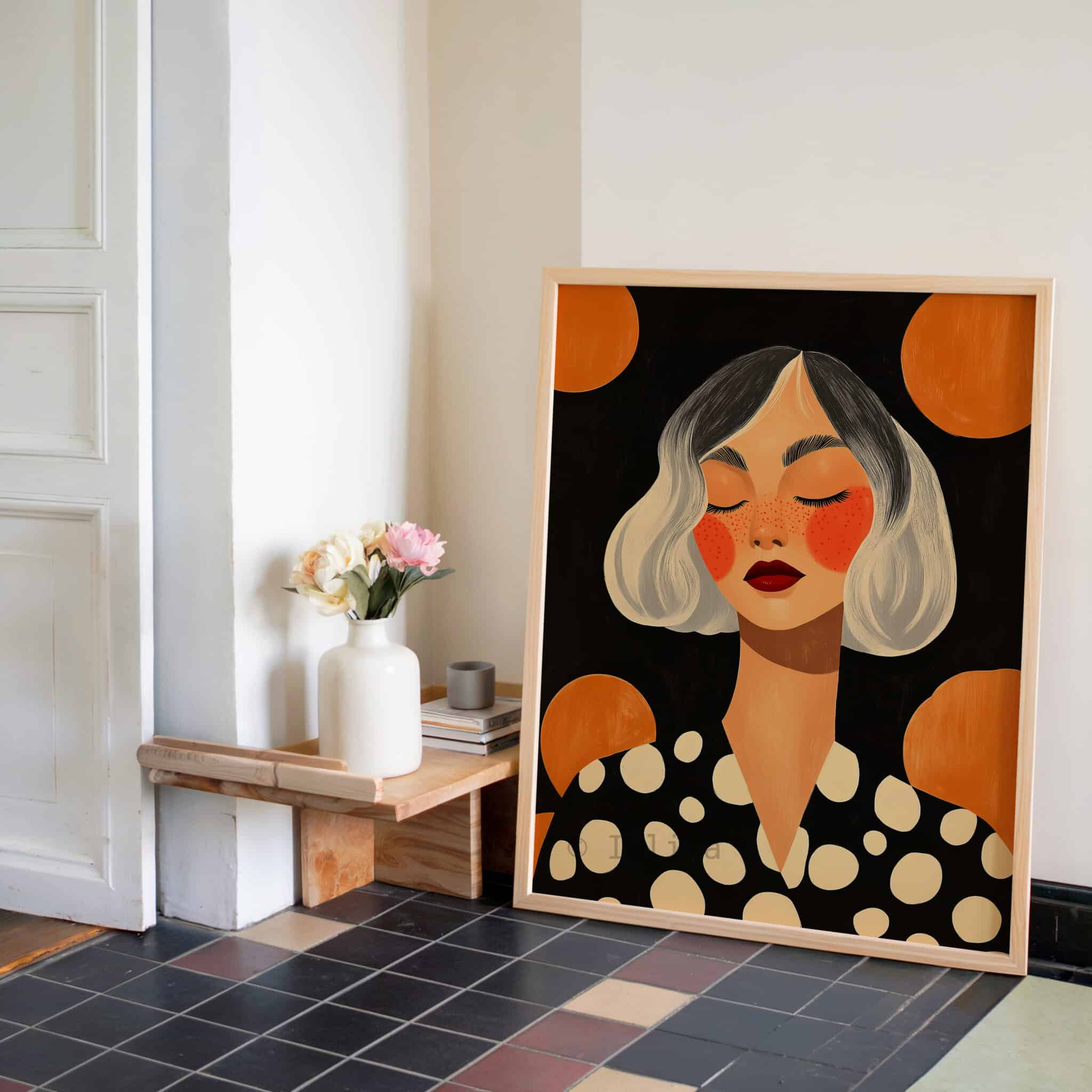 Modern Portrait Art, Freckled Woman, Black Orange Polka Dot Illustration, Premium Matte Print - photo #2