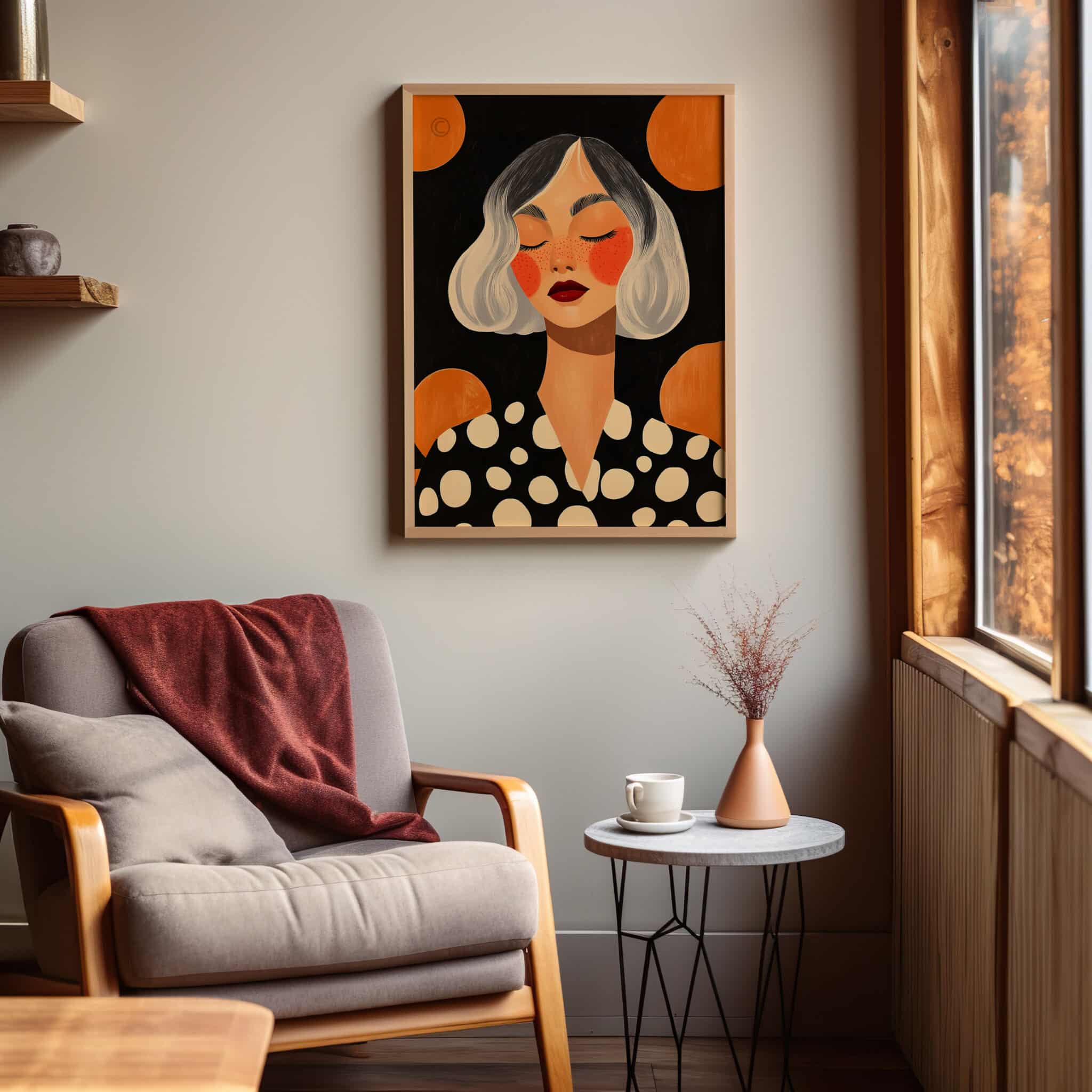 Modern Portrait Art, Freckled Woman, Black Orange Polka Dot Illustration, Premium Matte Print - photo #6