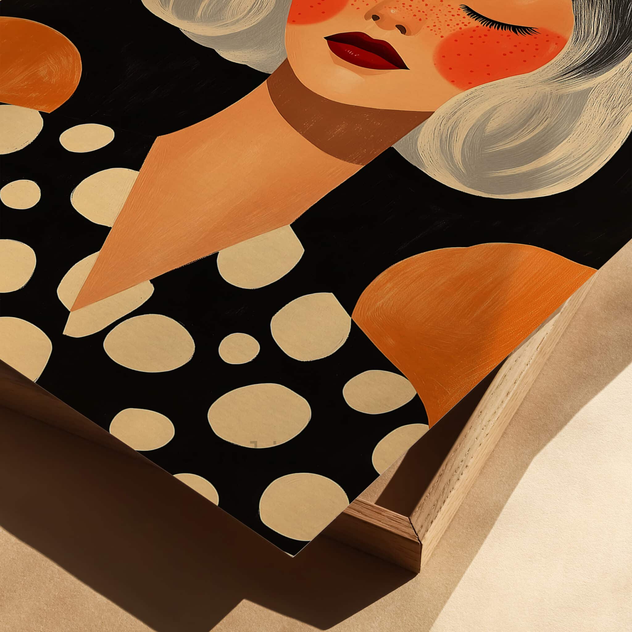 Modern Portrait Art, Freckled Woman, Black Orange Polka Dot Illustration, Premium Matte Print - photo #1