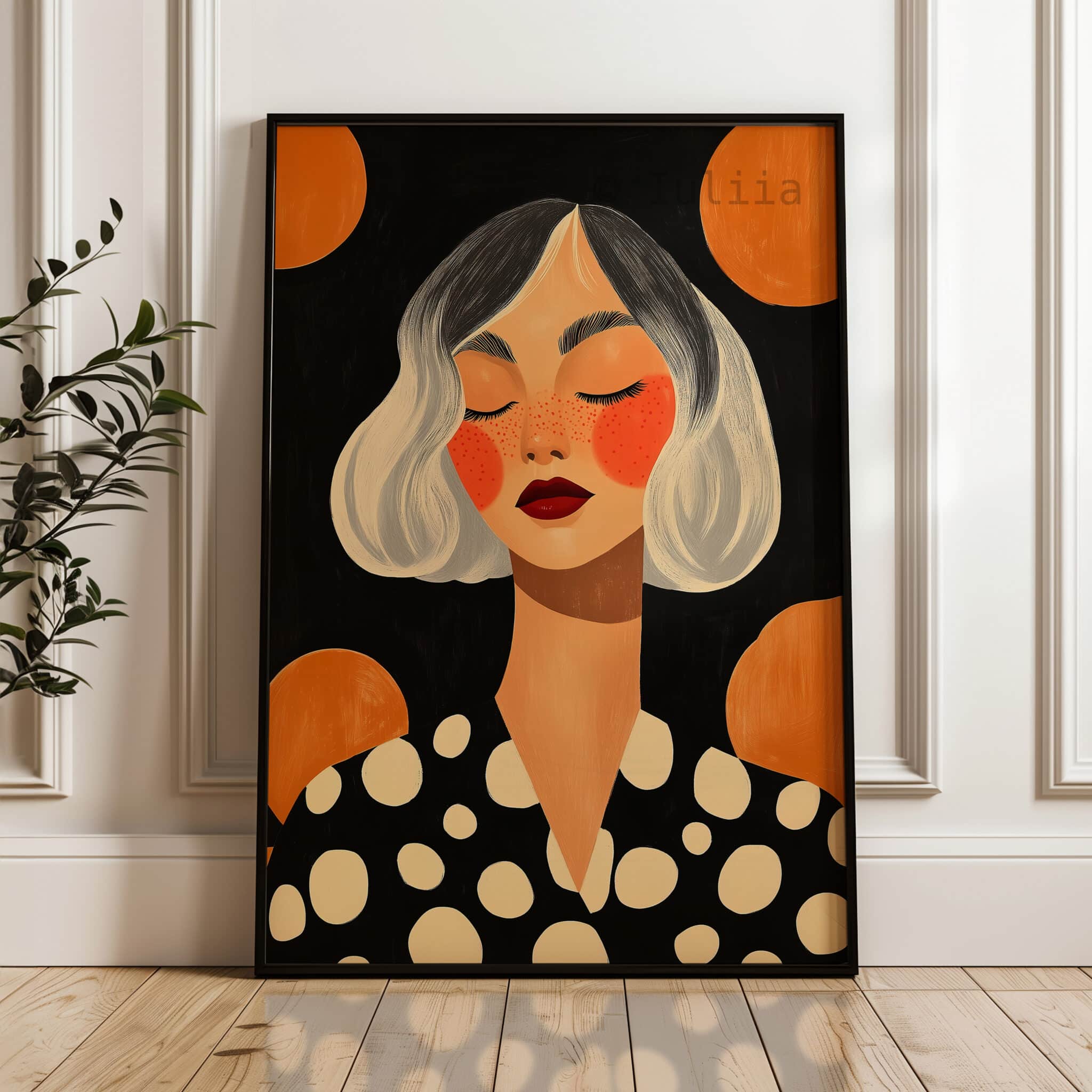 Modern Portrait Art, Freckled Woman, Black Orange Polka Dot Illustration, Premium Matte Print - photo #3