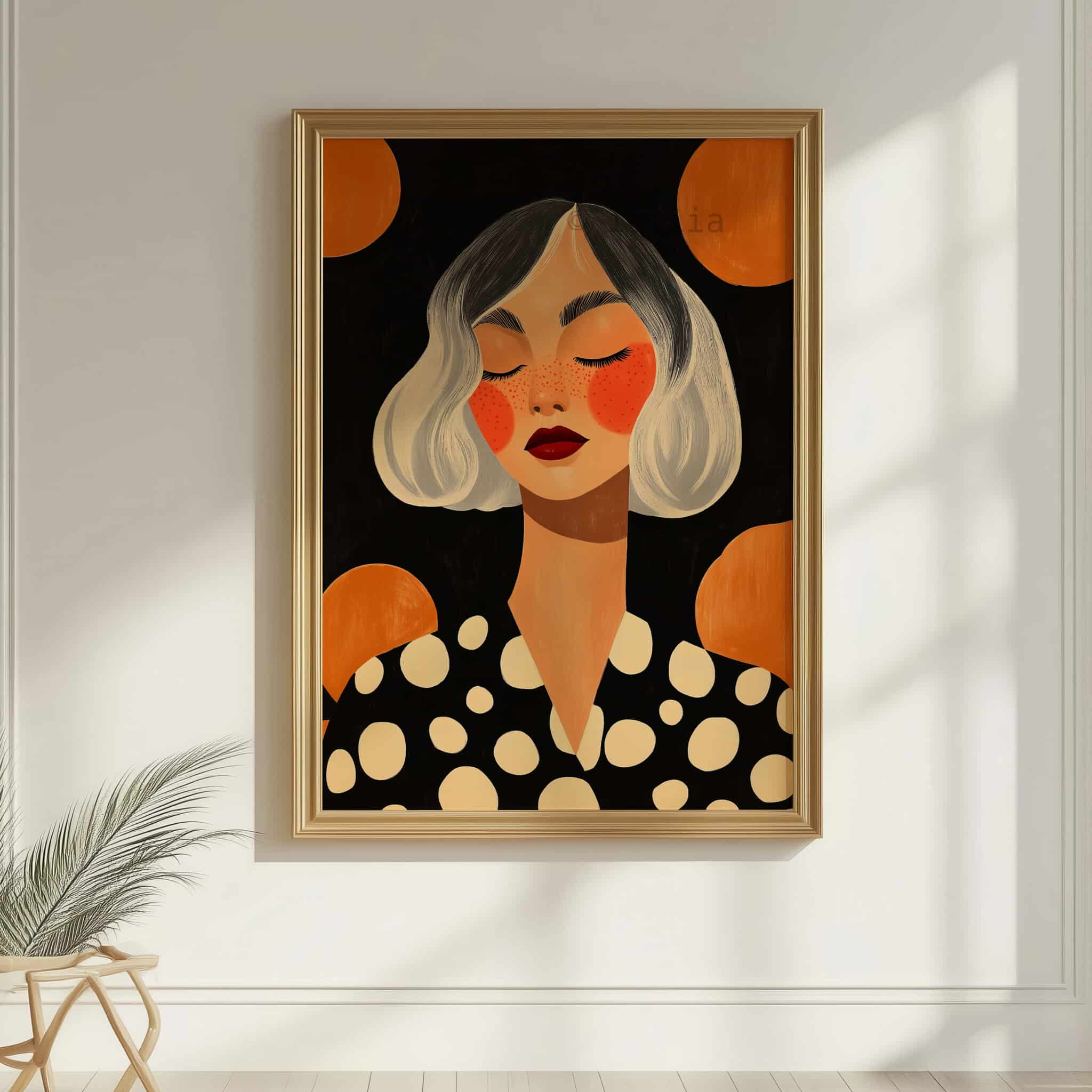 Modern Portrait Art, Freckled Woman, Black Orange Polka Dot Illustration, Premium Matte Print - photo #7