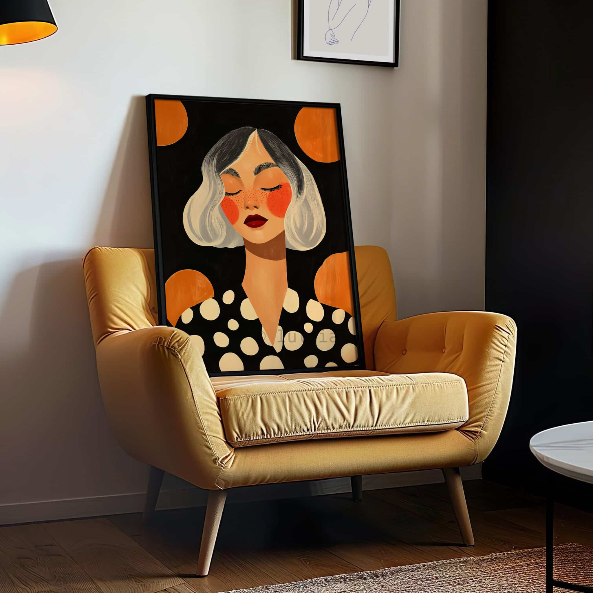 Modern Portrait Art, Freckled Woman, Black Orange Polka Dot Illustration, Premium Matte Print - photo #11