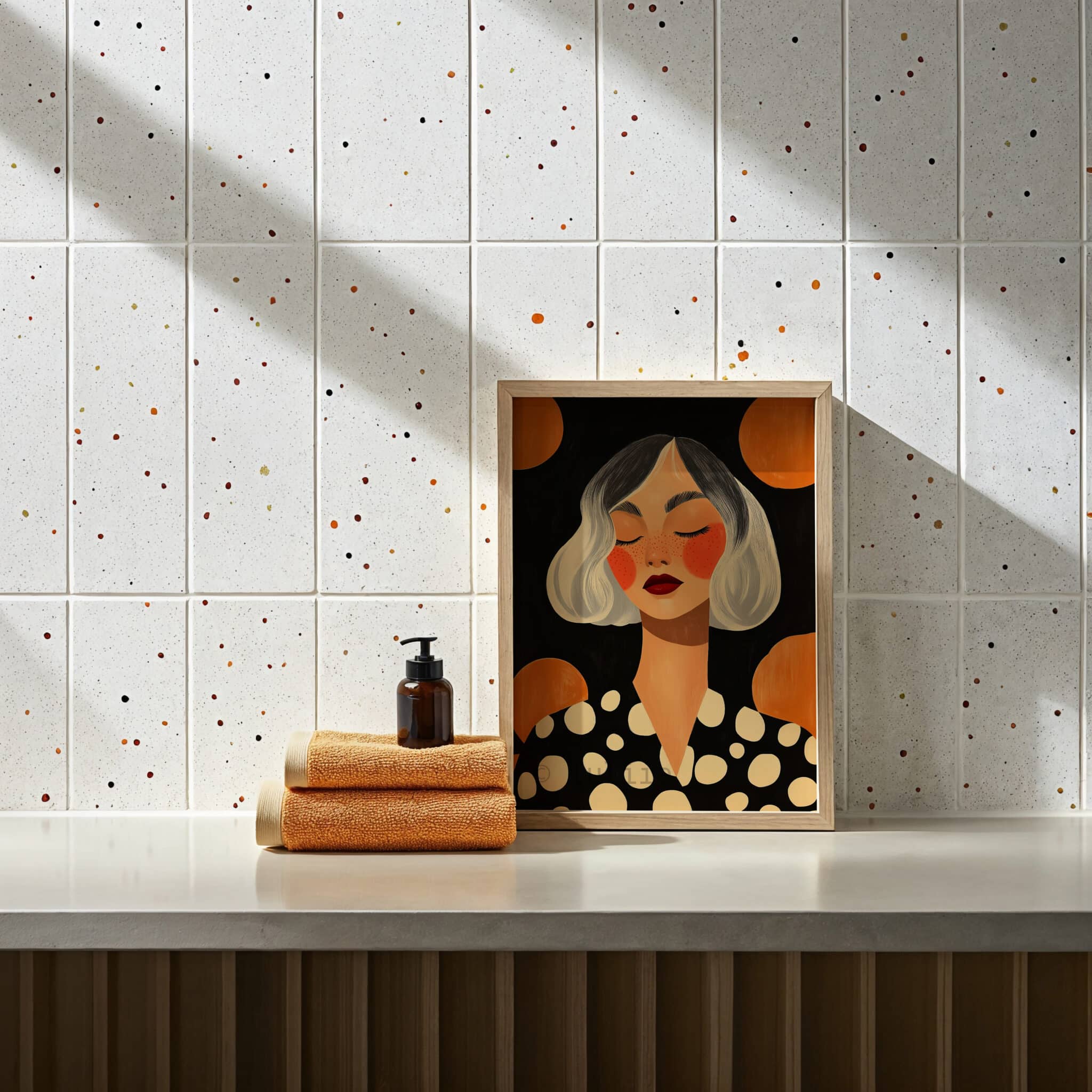 Modern Portrait Art, Freckled Woman, Black Orange Polka Dot Illustration, Premium Matte Print - photo #12