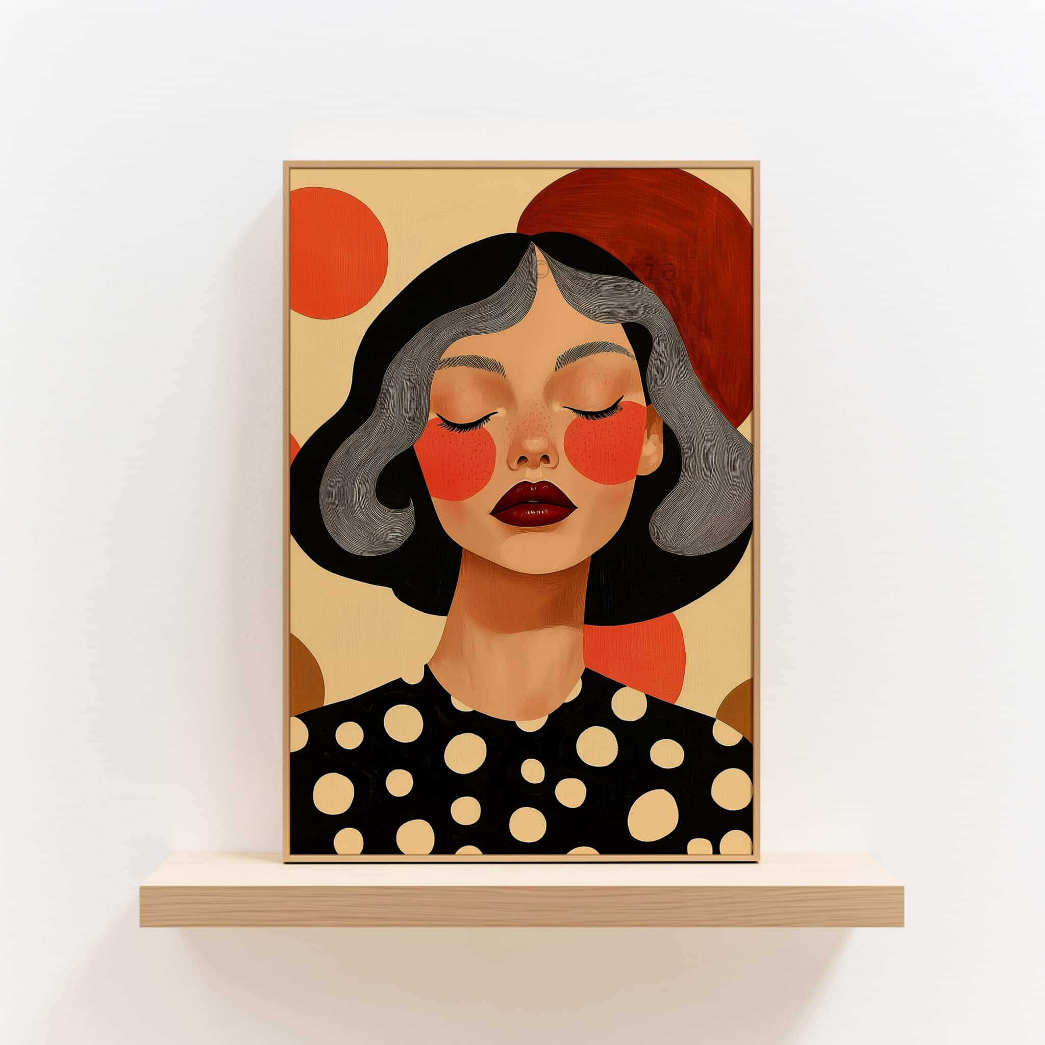 Polka Dot Wall Art, Silver Hair Woman Portrait, Black Orange Graphic Print, Modern Feminine Bedroom Decor