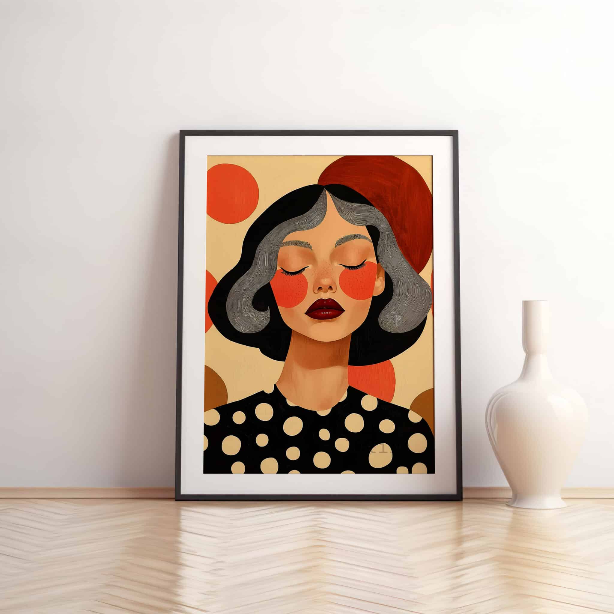 Polka Dot Wall Art, Silver Hair Woman Portrait, Black Orange Graphic Print, Modern Feminine Bedroom Decor - photo #10