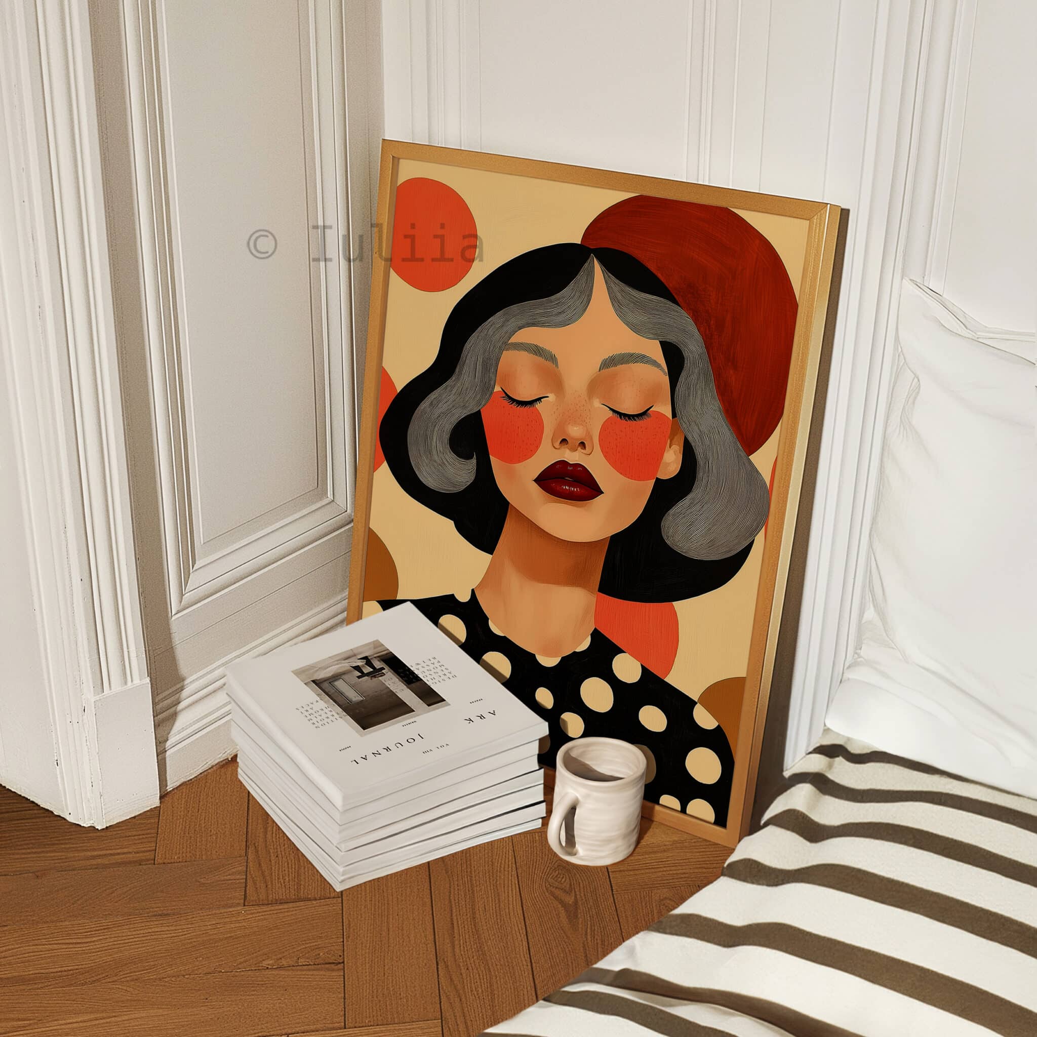 Polka Dot Wall Art, Silver Hair Woman Portrait, Black Orange Graphic Print, Modern Feminine Bedroom Decor - photo #4
