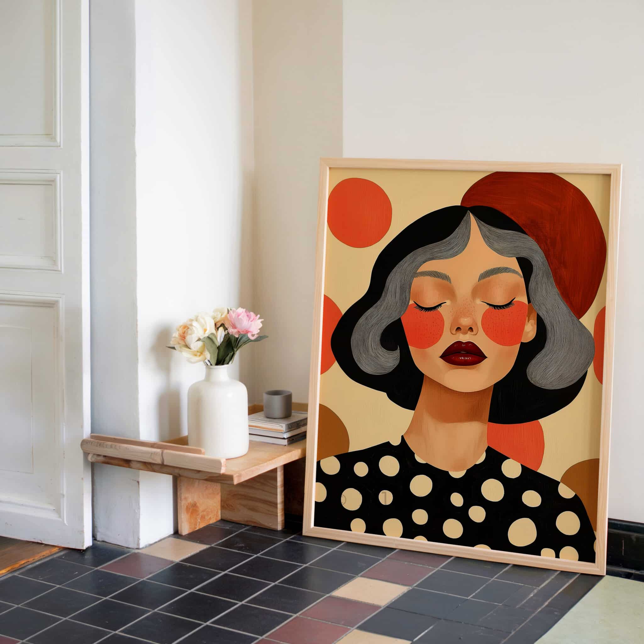 Polka Dot Wall Art, Silver Hair Woman Portrait, Black Orange Graphic Print, Modern Feminine Bedroom Decor - photo #2