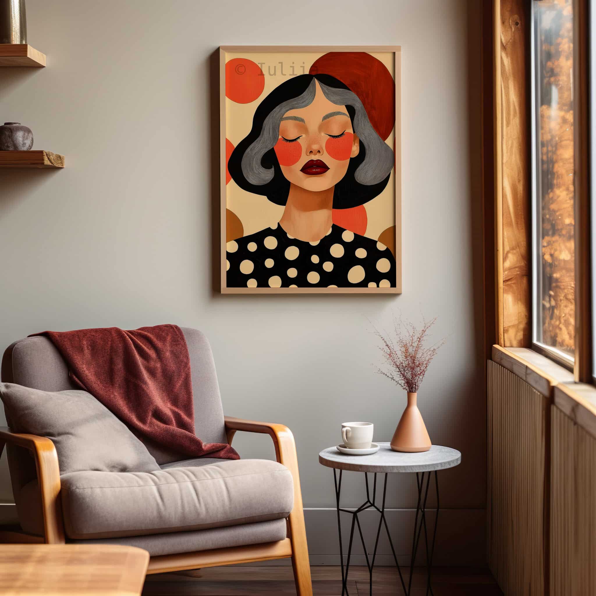 Polka Dot Wall Art, Silver Hair Woman Portrait, Black Orange Graphic Print, Modern Feminine Bedroom Decor - photo #6