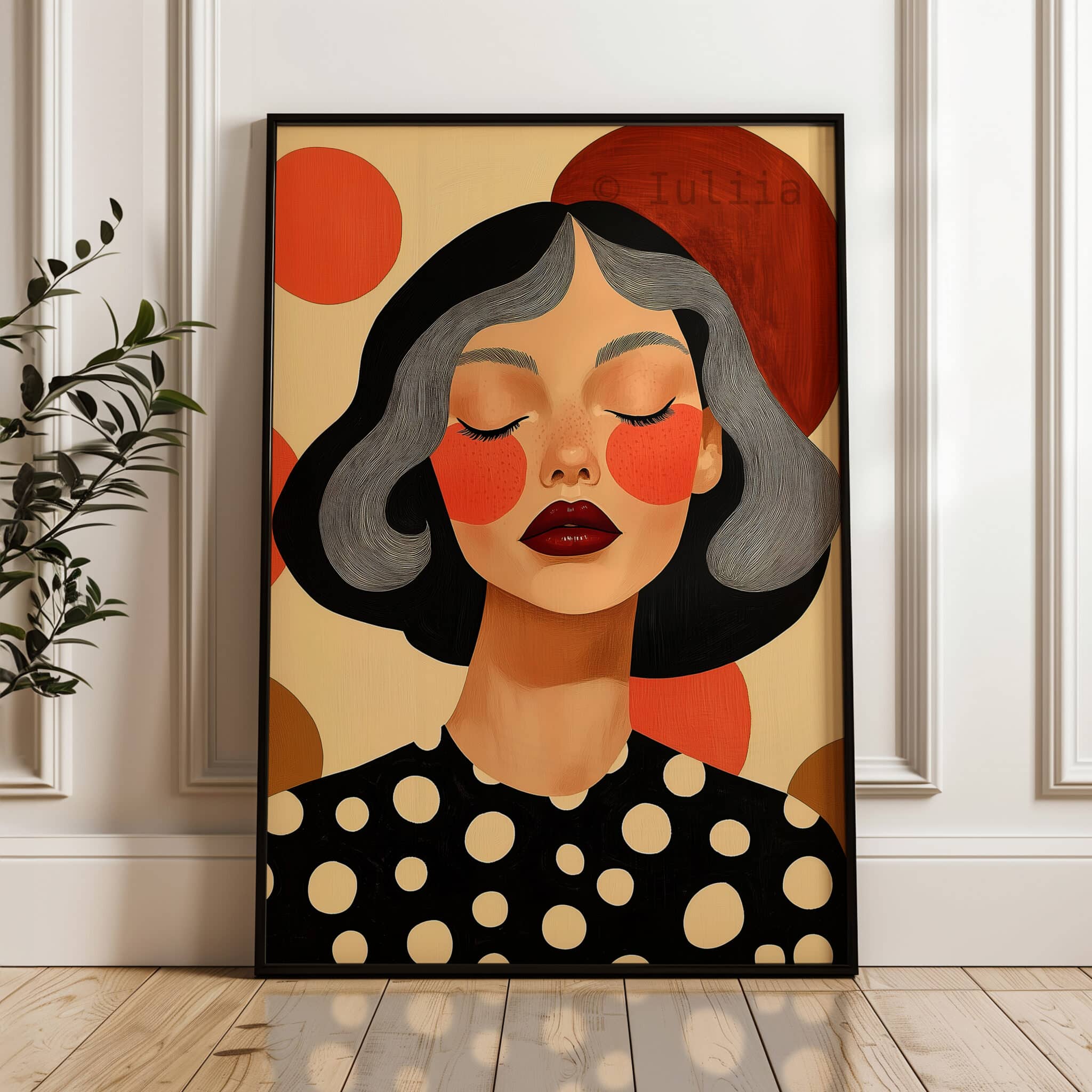 Polka Dot Wall Art, Silver Hair Woman Portrait, Black Orange Graphic Print, Modern Feminine Bedroom Decor - photo #3