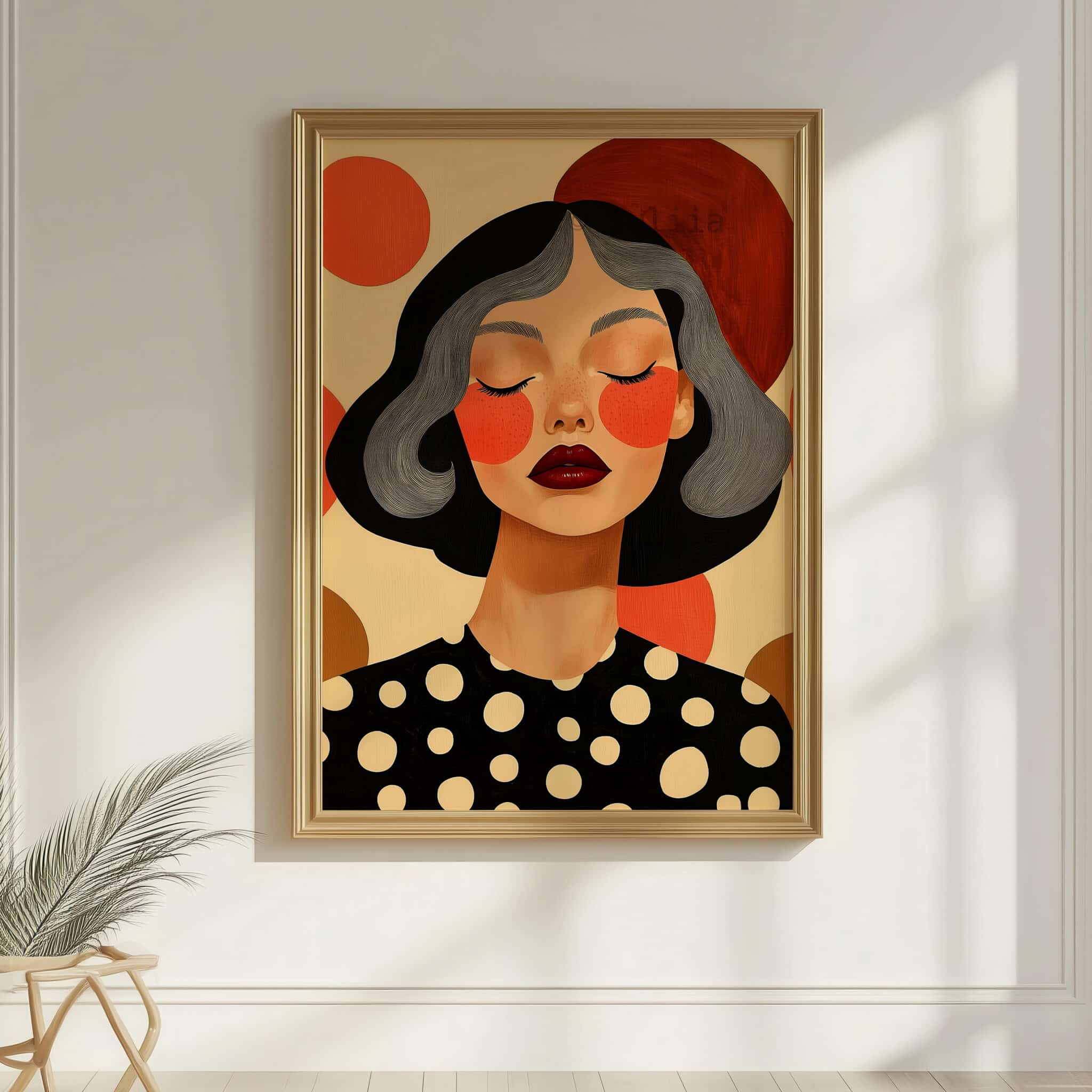 Polka Dot Wall Art, Silver Hair Woman Portrait, Black Orange Graphic Print, Modern Feminine Bedroom Decor - photo #7