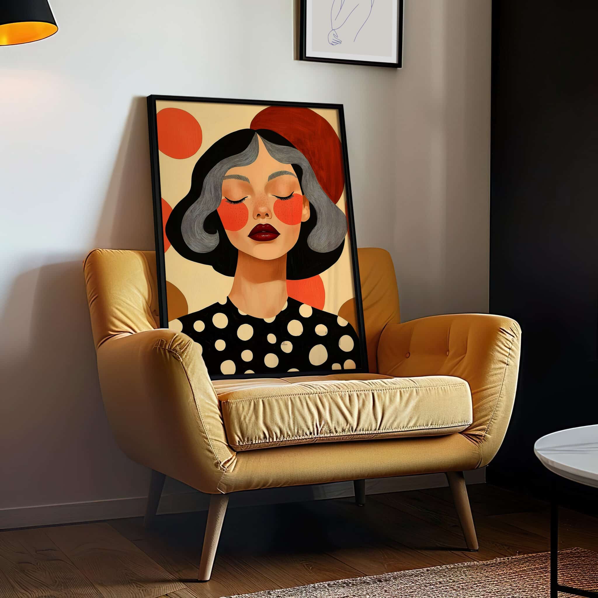 Polka Dot Wall Art, Silver Hair Woman Portrait, Black Orange Graphic Print, Modern Feminine Bedroom Decor - photo #11