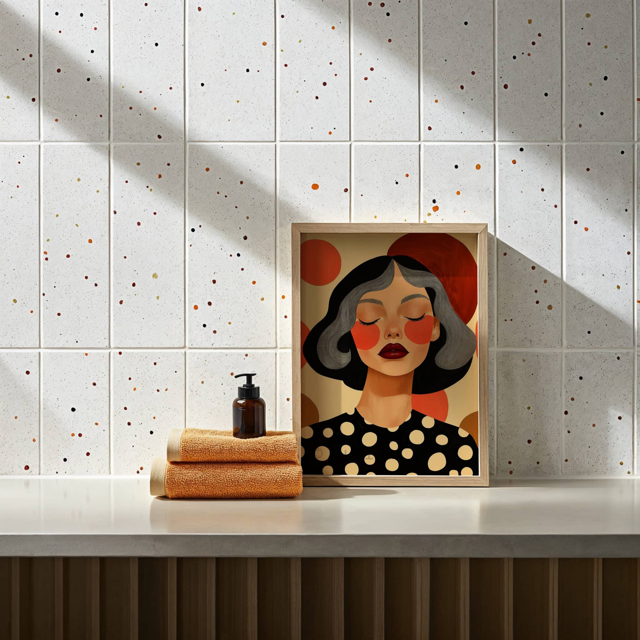 Polka Dot Wall Art, Silver Hair Woman Portrait, Black Orange Graphic Print, Modern Feminine Bedroom Decor - photo #12