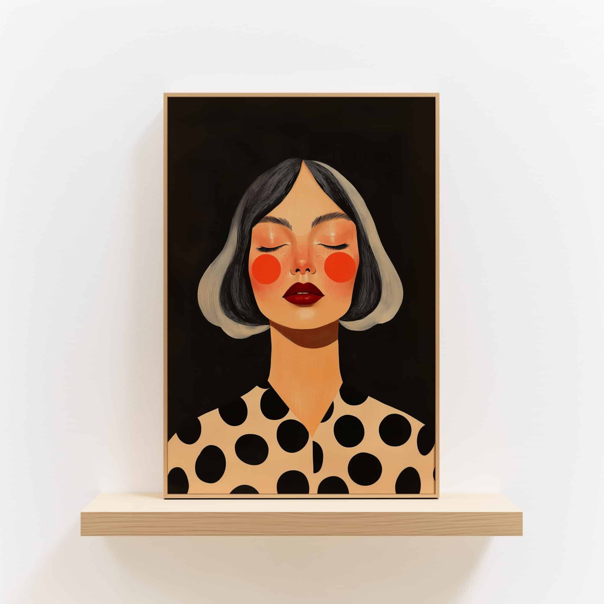 Female Figure Art, Gray Haired Woman Portrait, Black Cream Polka Dot Print, Contemporary Bedroom Decor