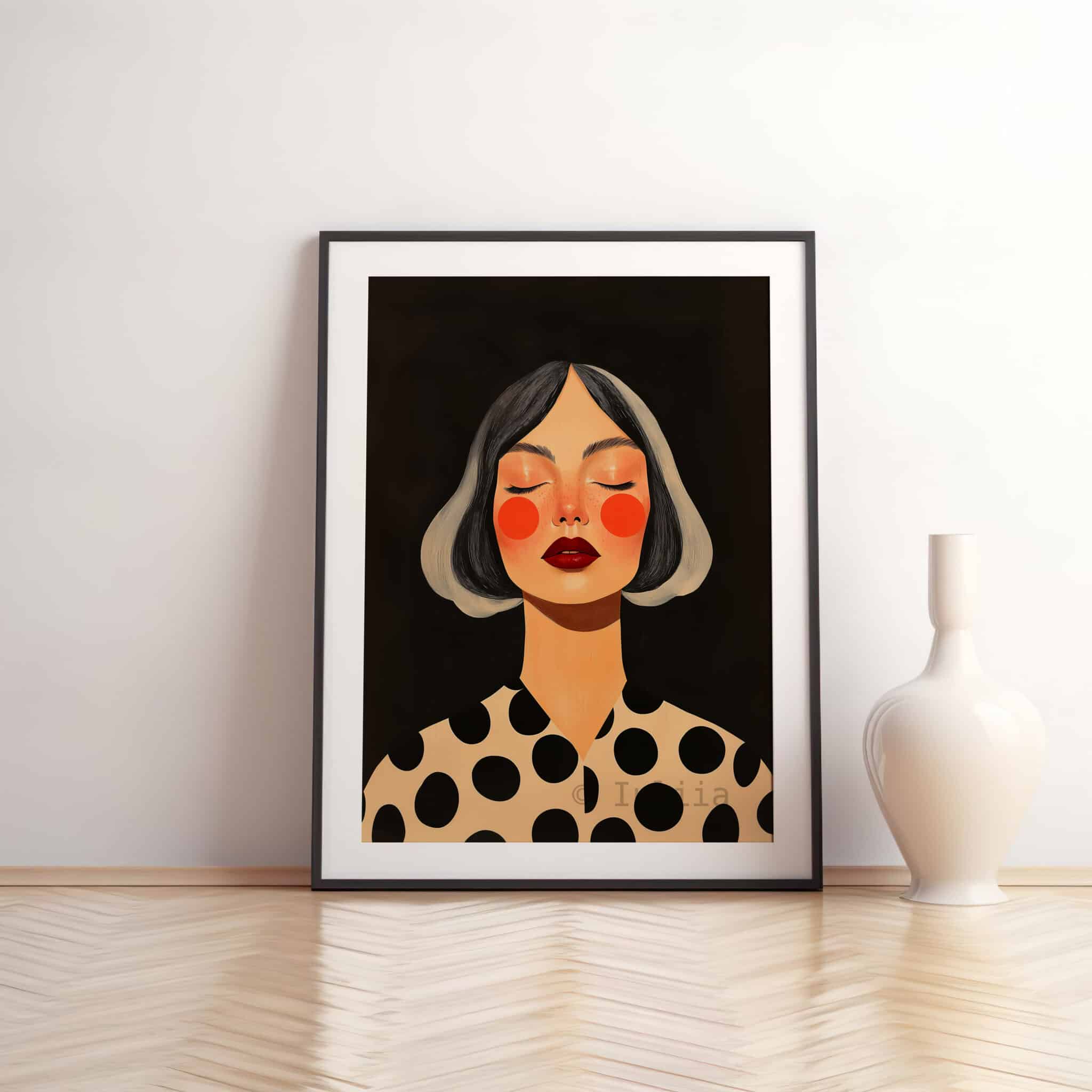Female Figure Art, Gray Haired Woman Portrait, Black Cream Polka Dot Print, Contemporary Bedroom Decor - photo #10